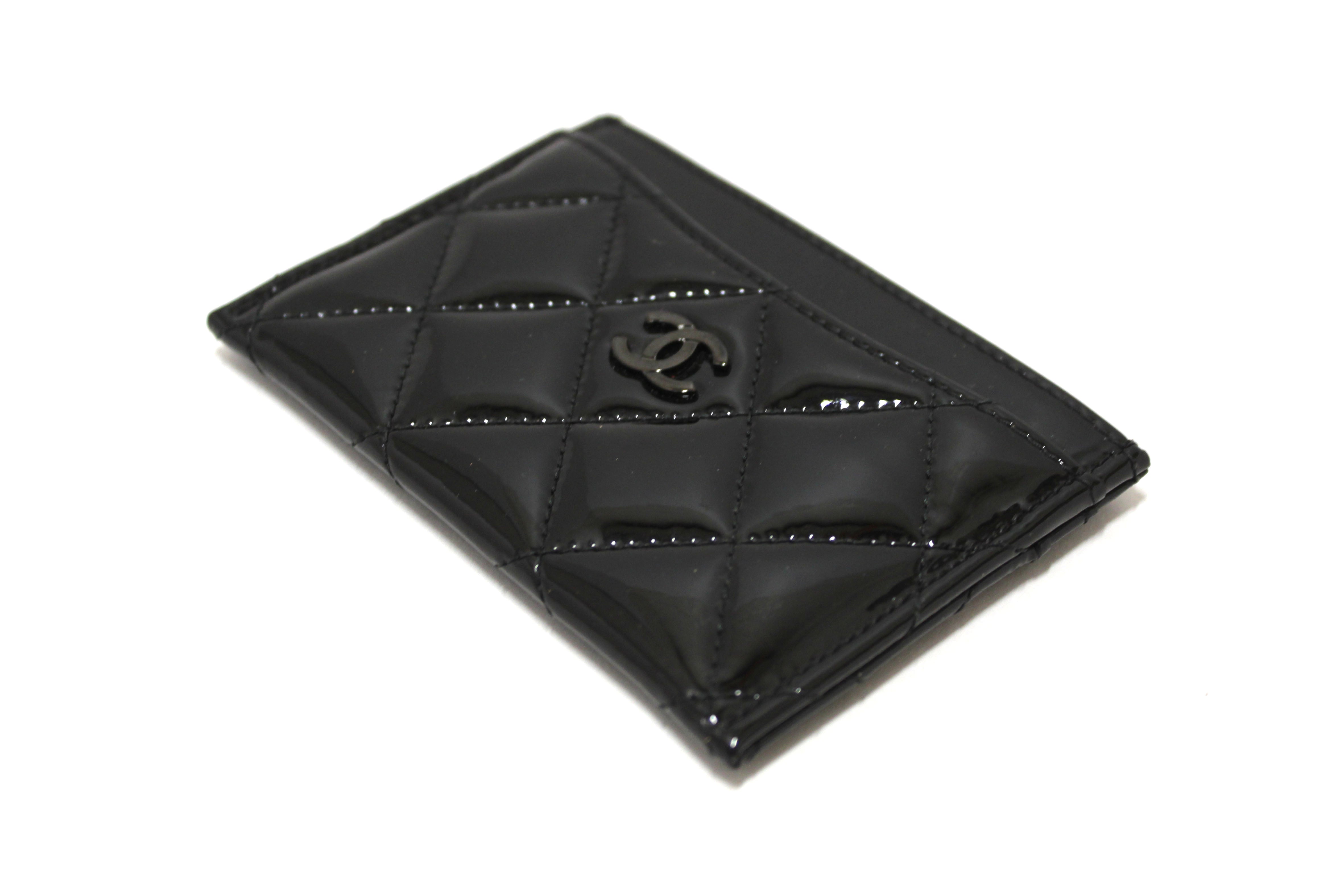 Authentic Chanel Black Quilted Patent Leather Leather Card Holder