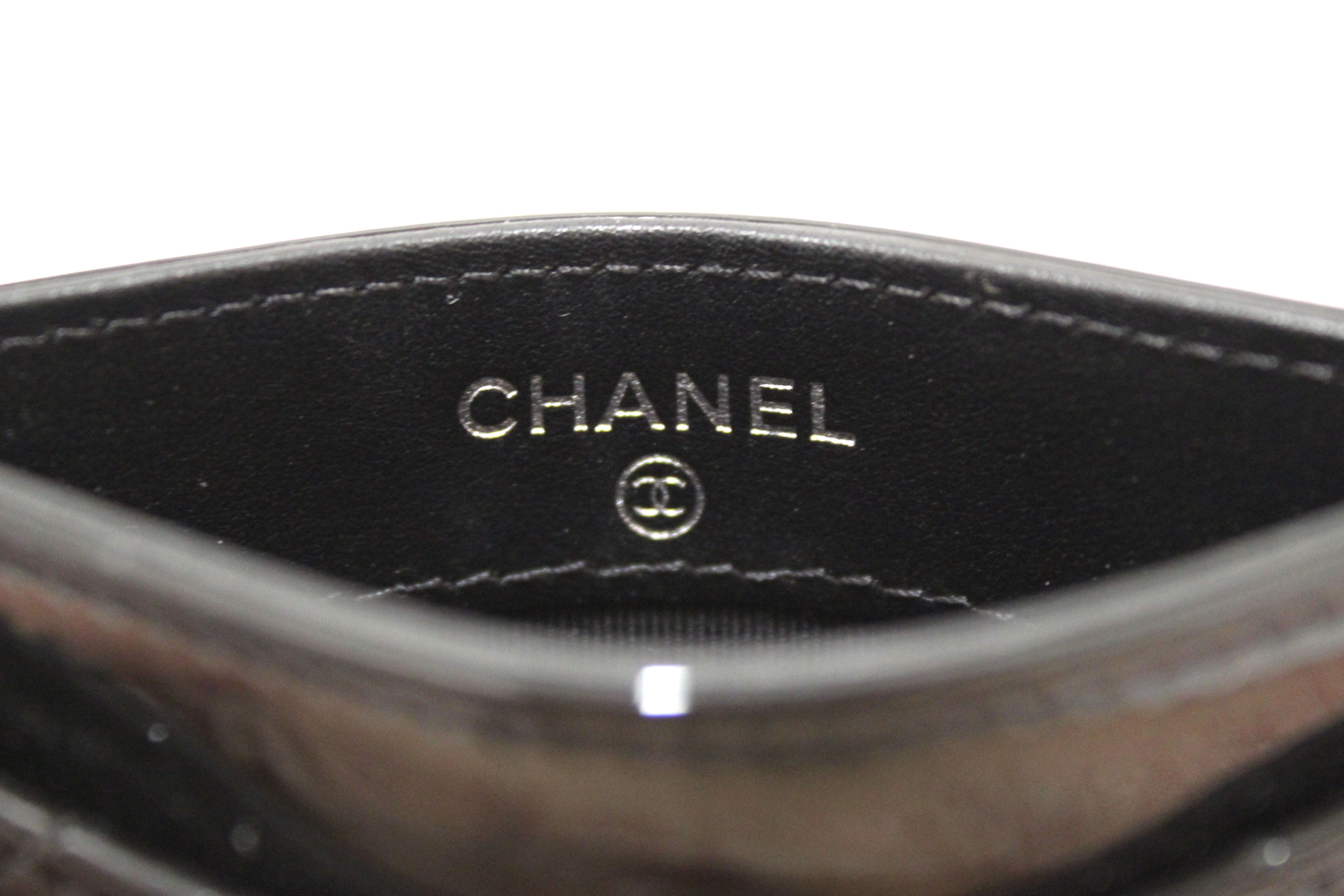 Authentic Chanel Black Quilted Patent Leather Leather Card Holder