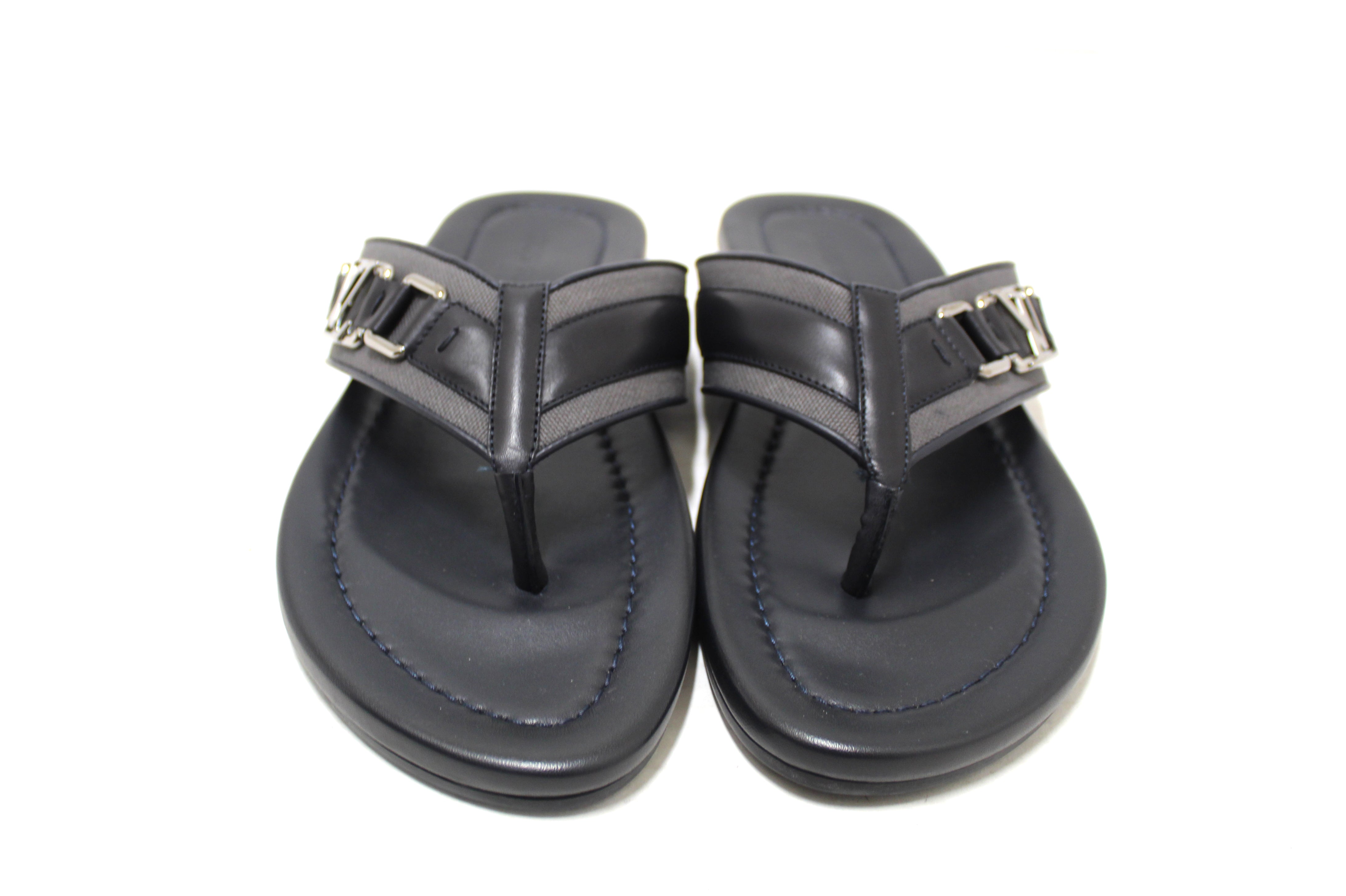 Authentic New Louis Vuitton Black Leather Atoll Thong Slipper Sandals Shoes Size 8