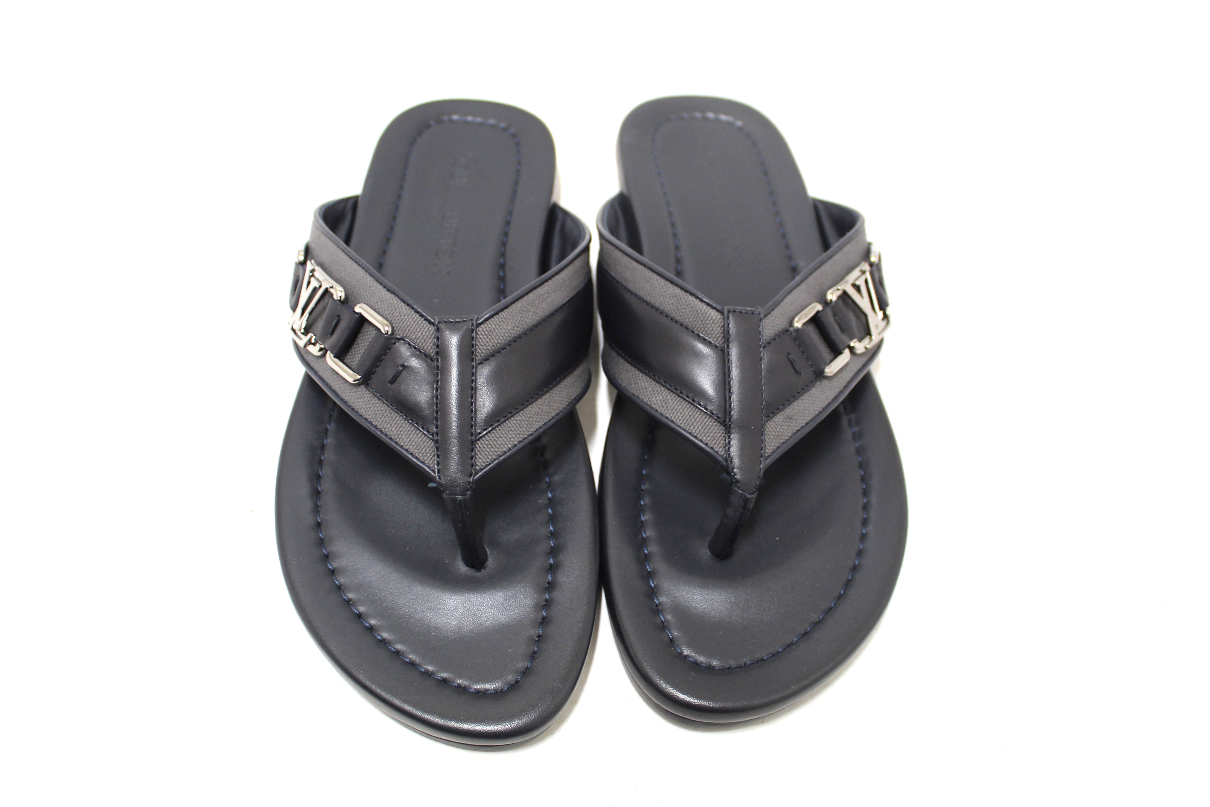 Authentic New Louis Vuitton Black Leather Atoll Thong Slipper Sandals Shoes Size 8