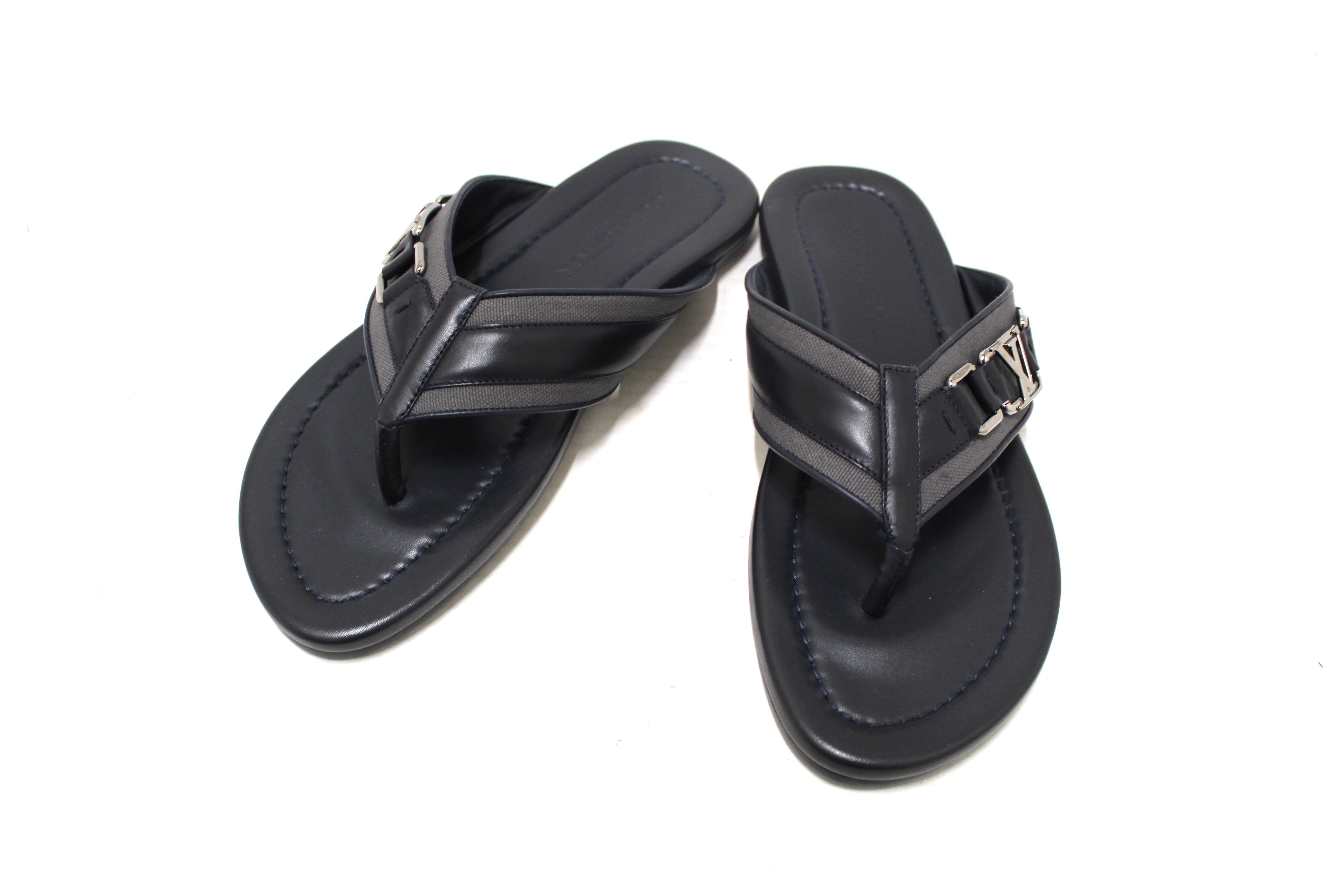 Authentic New Louis Vuitton Black Leather Atoll Thong Slipper Sandals Shoes Size 8