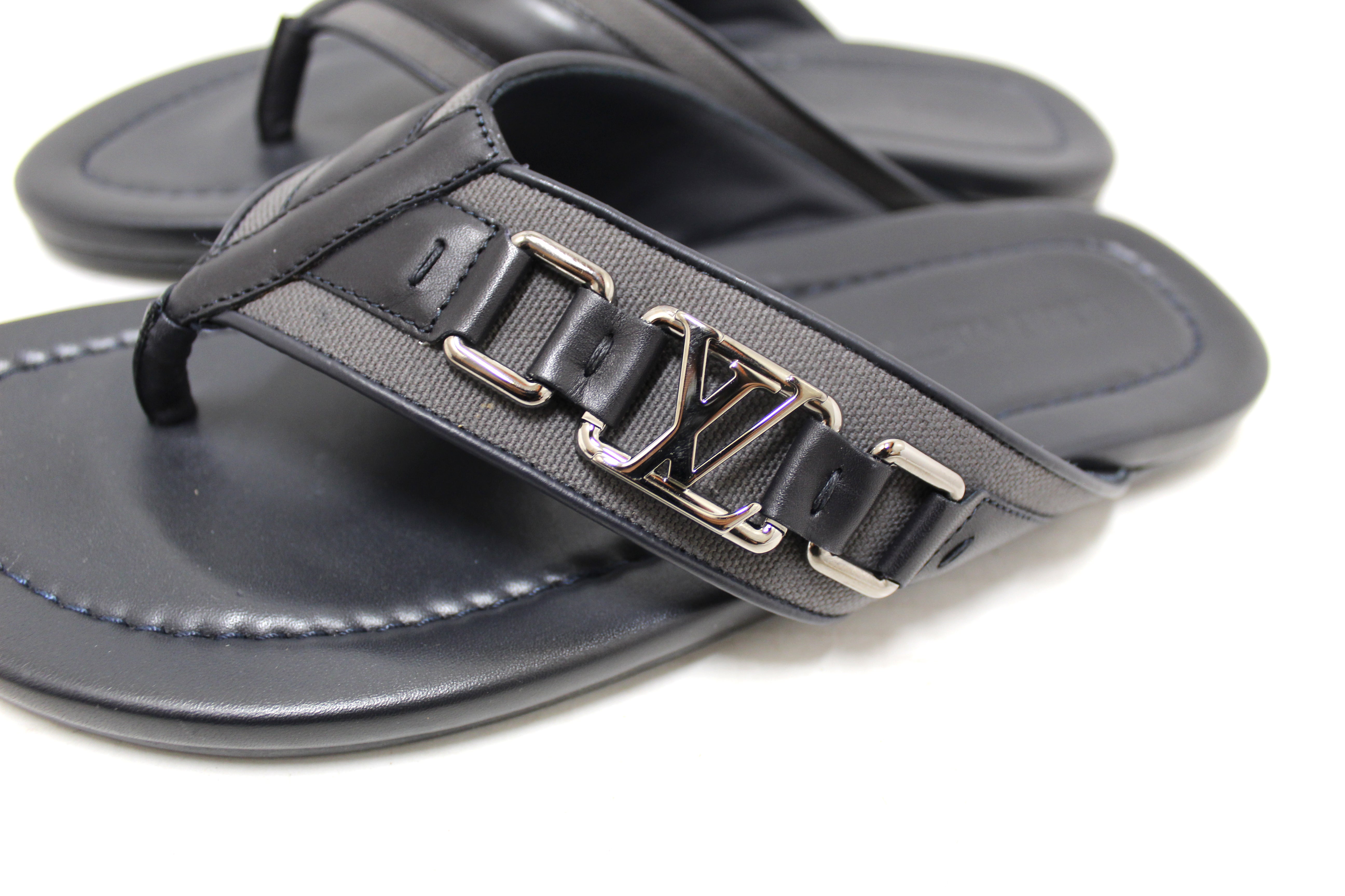 Authentic New Louis Vuitton Black Leather Atoll Thong Slipper Sandals Shoes Size 8