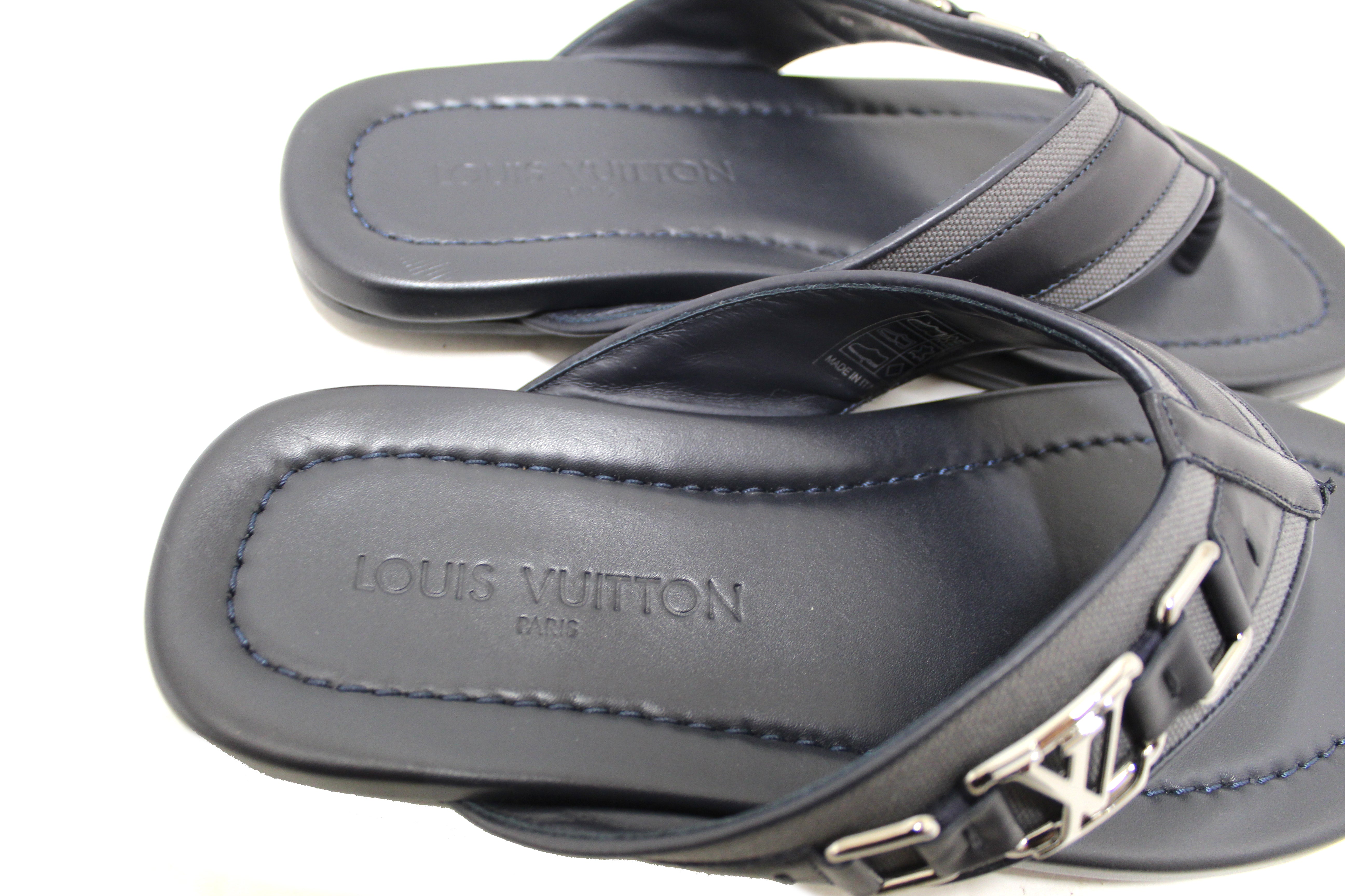 Authentic New Louis Vuitton Black Leather Atoll Thong Slipper Sandals Shoes Size 8