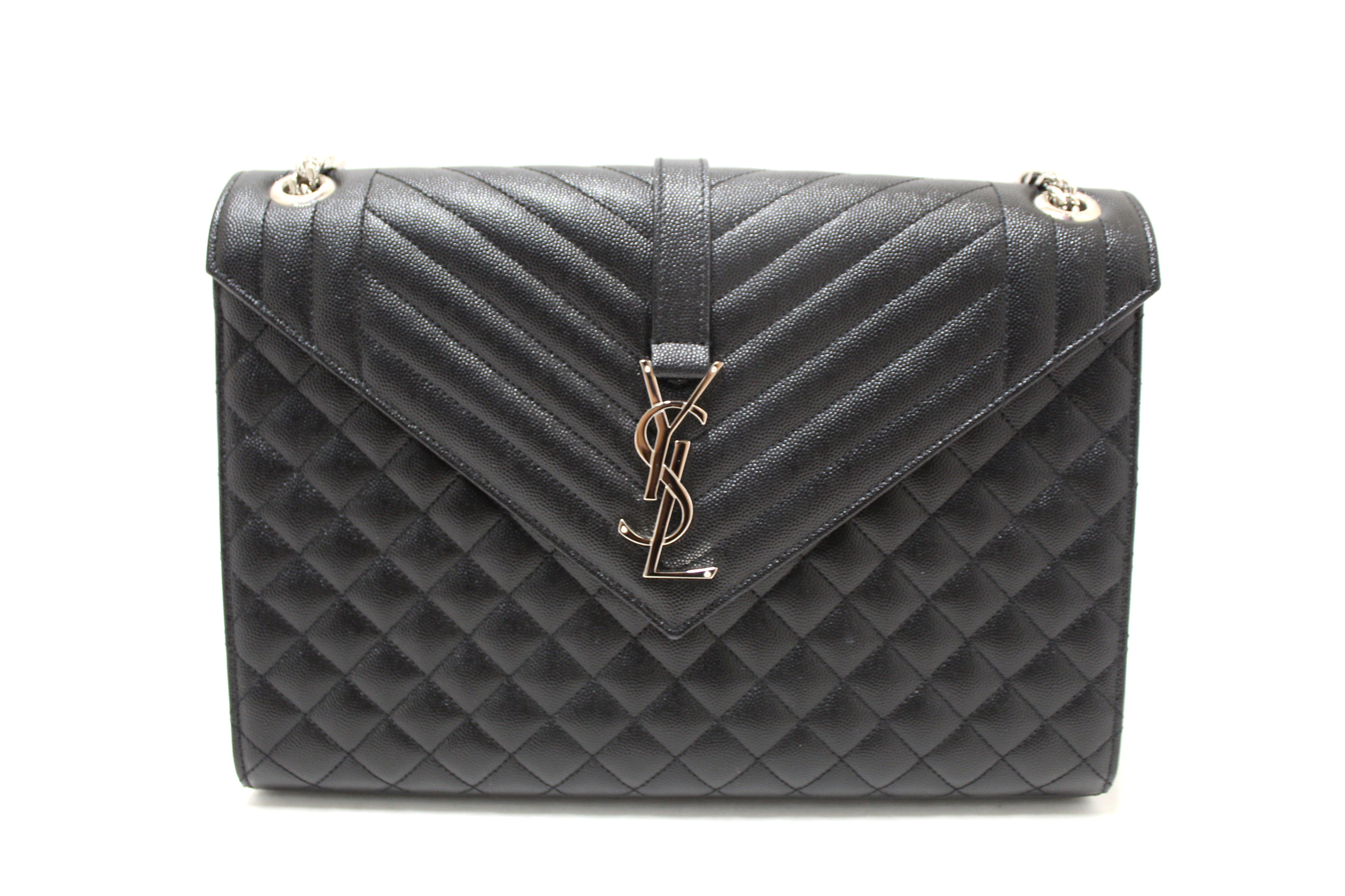 Authentic Saint Laurent Black Matelasse Grain De Poudre Embossed Leather Medium Envelope Bag
