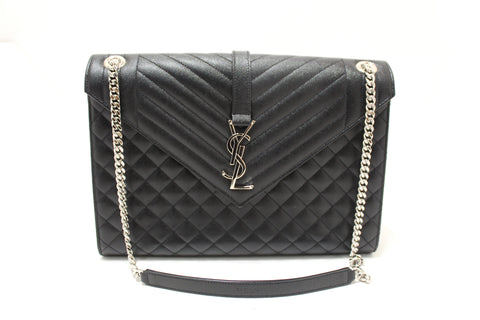 Authentic Saint Laurent Black Matelasse Grain De Poudre Embossed Leather Medium Envelope Bag
