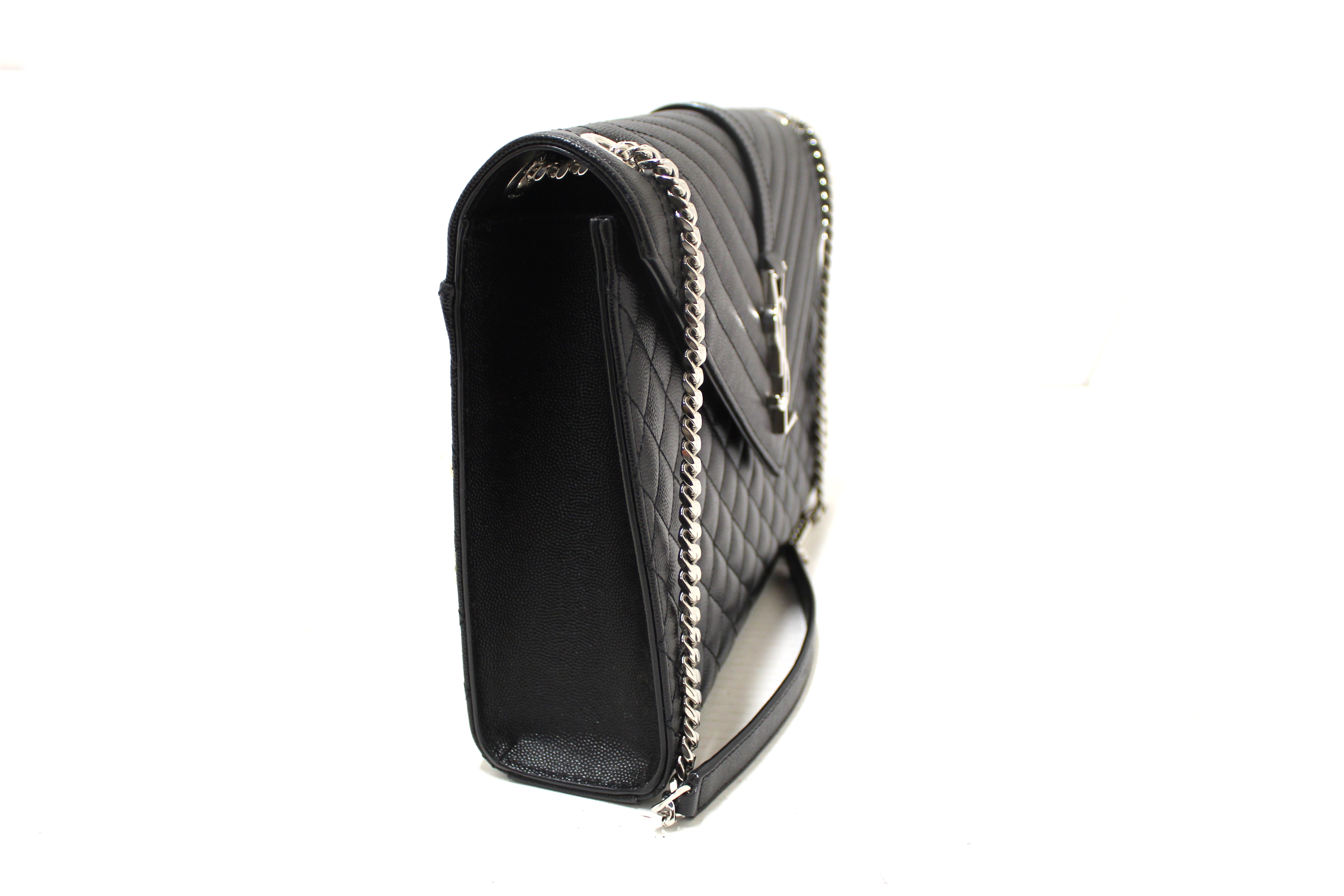 Authentic Saint Laurent Black Matelasse Grain De Poudre Embossed Leather Medium Envelope Bag
