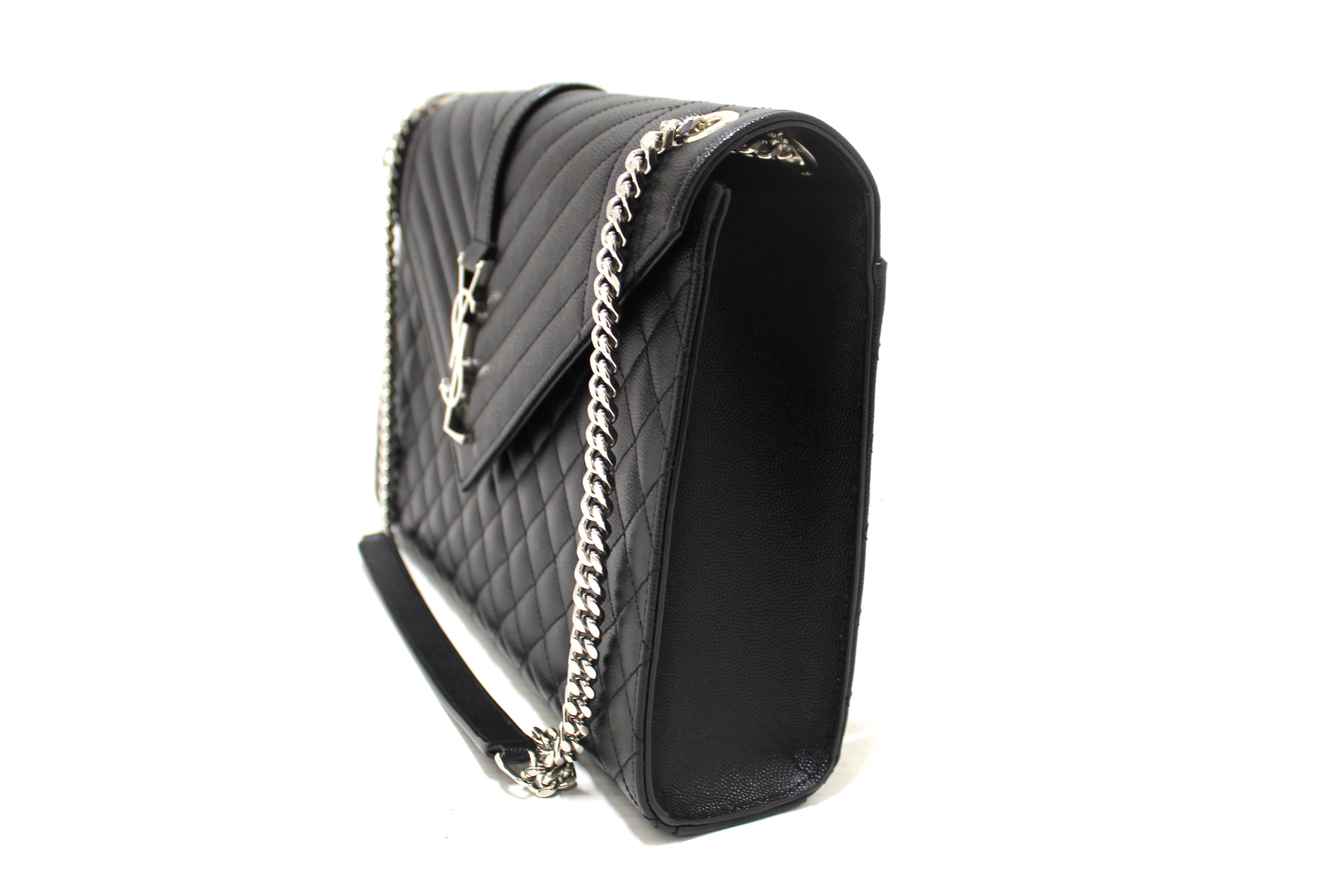Authentic Saint Laurent Black Matelasse Grain De Poudre Embossed Leather Medium Envelope Bag