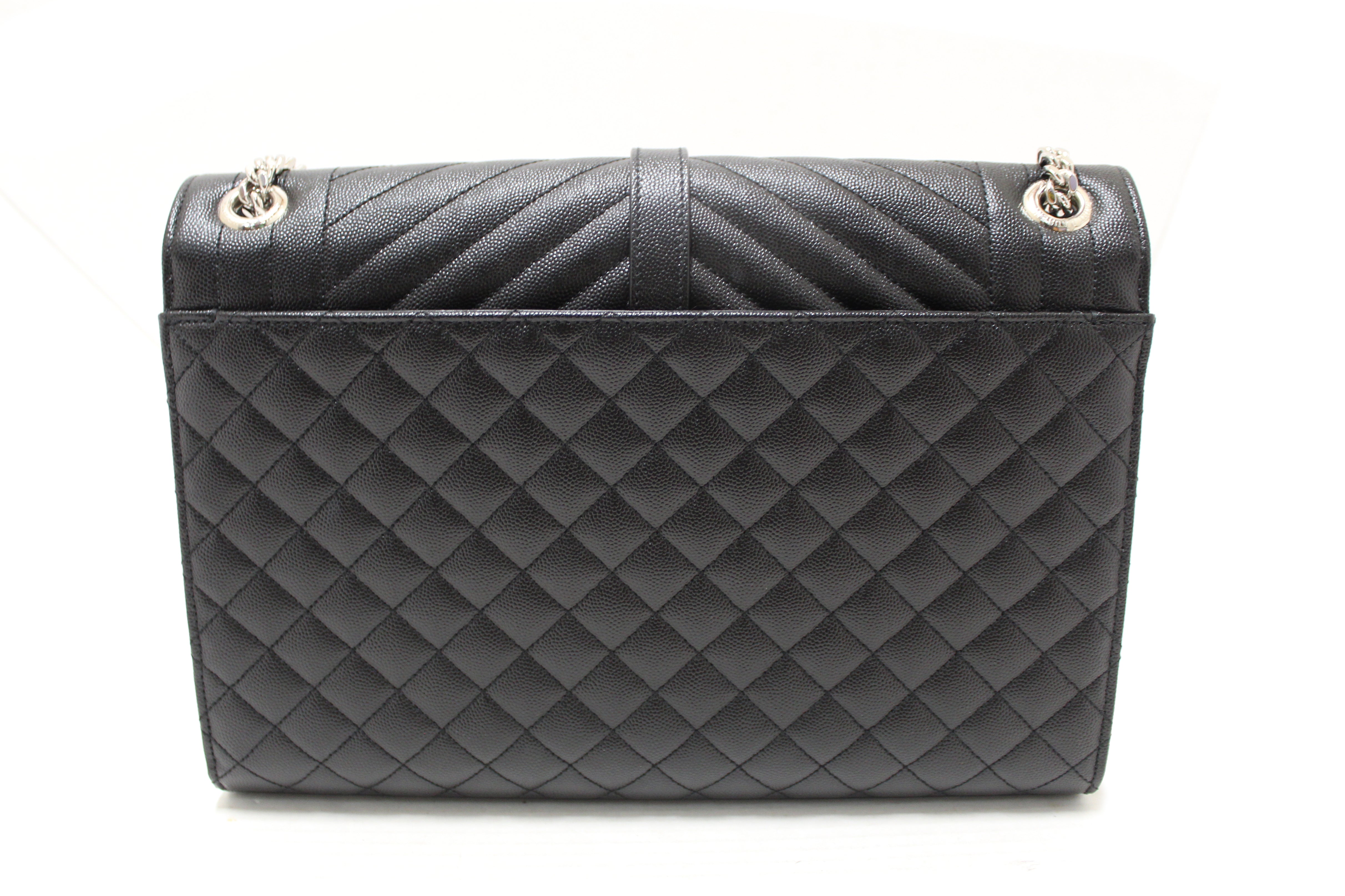 Authentic Saint Laurent Black Matelasse Grain De Poudre Embossed Leather Medium Envelope Bag