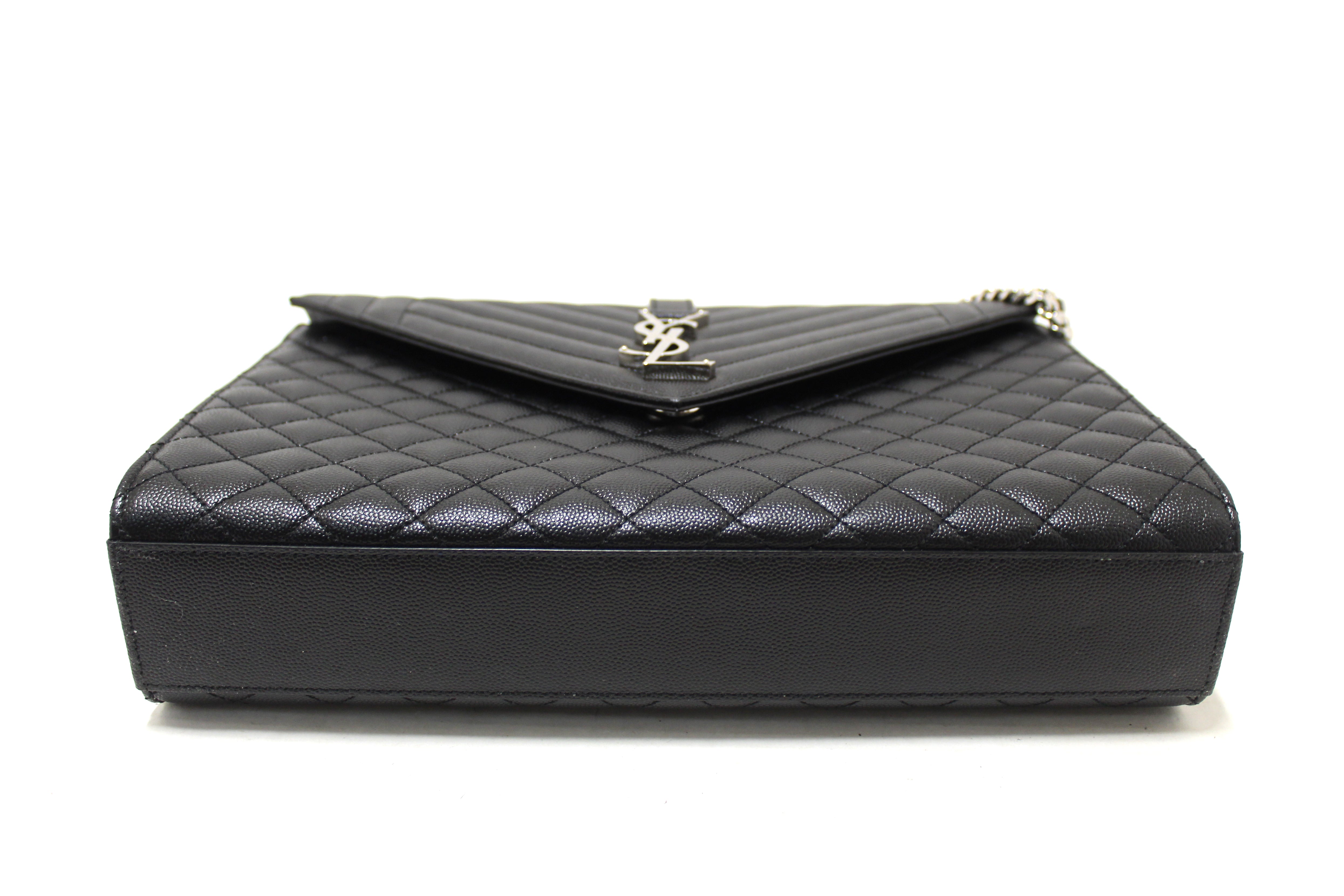 Authentic Saint Laurent Black Matelasse Grain De Poudre Embossed Leather Medium Envelope Bag
