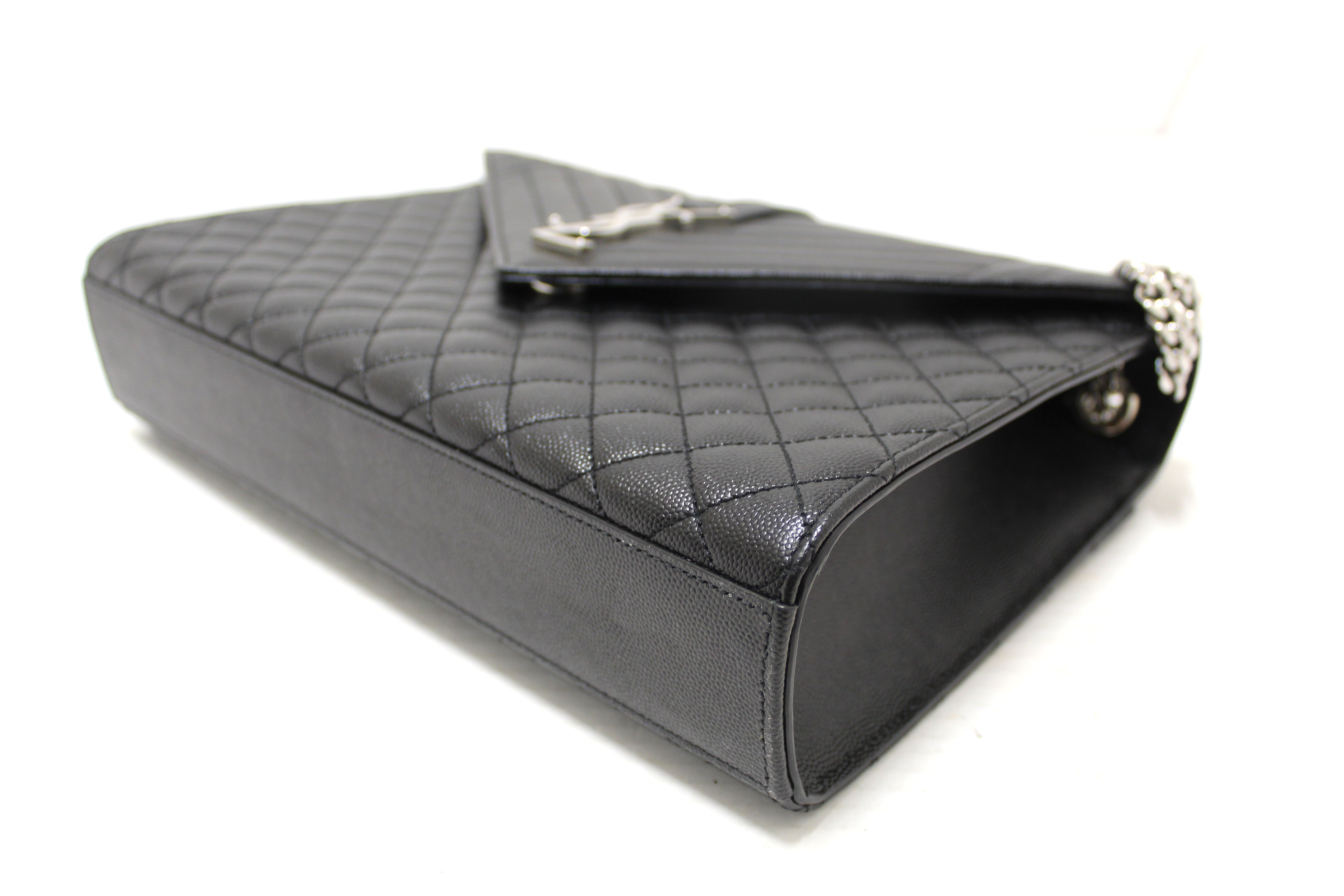 Authentic Saint Laurent Black Matelasse Grain De Poudre Embossed Leather Medium Envelope Bag