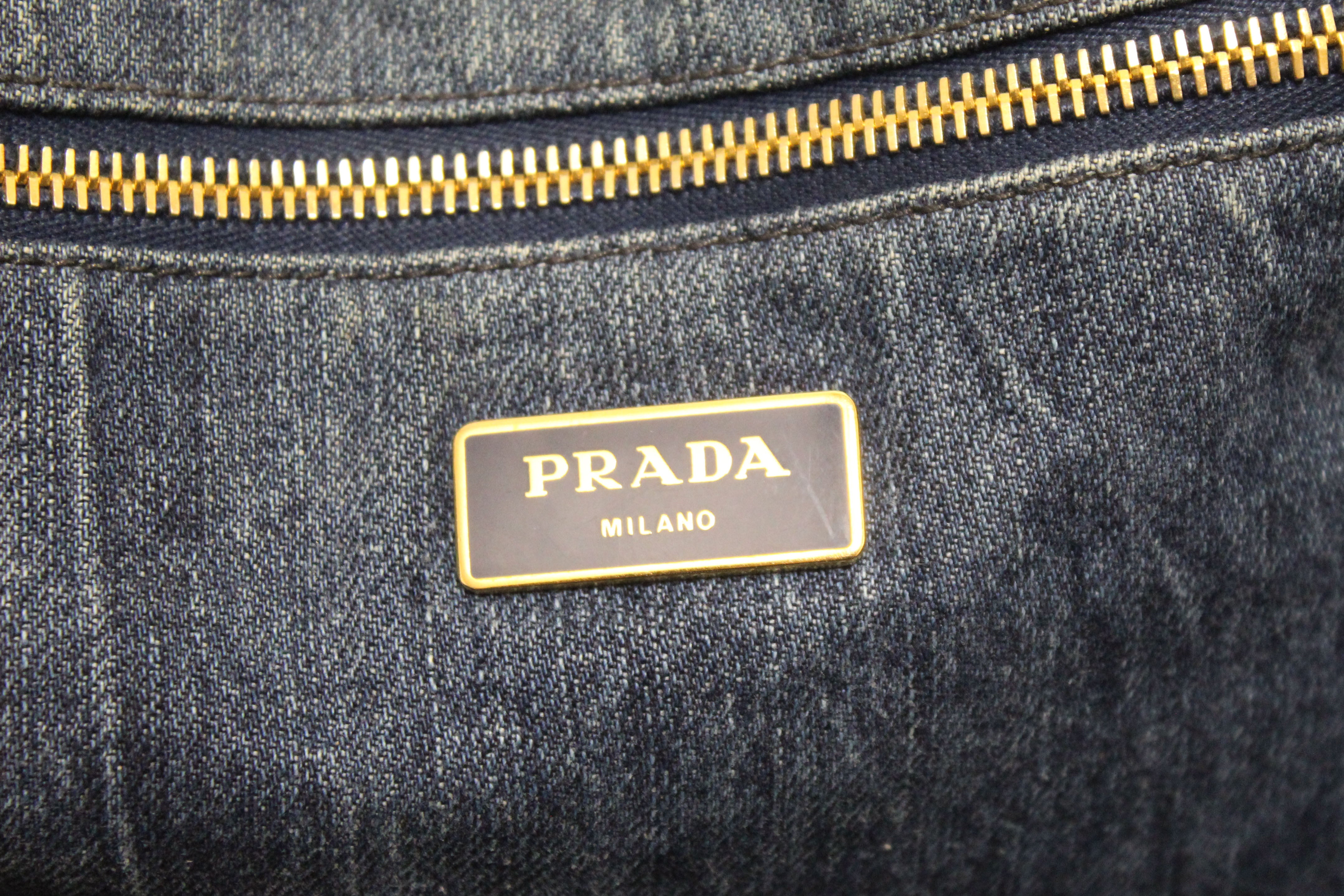 Authentic Prada Blue Large Canapa Denim Tote Handbag