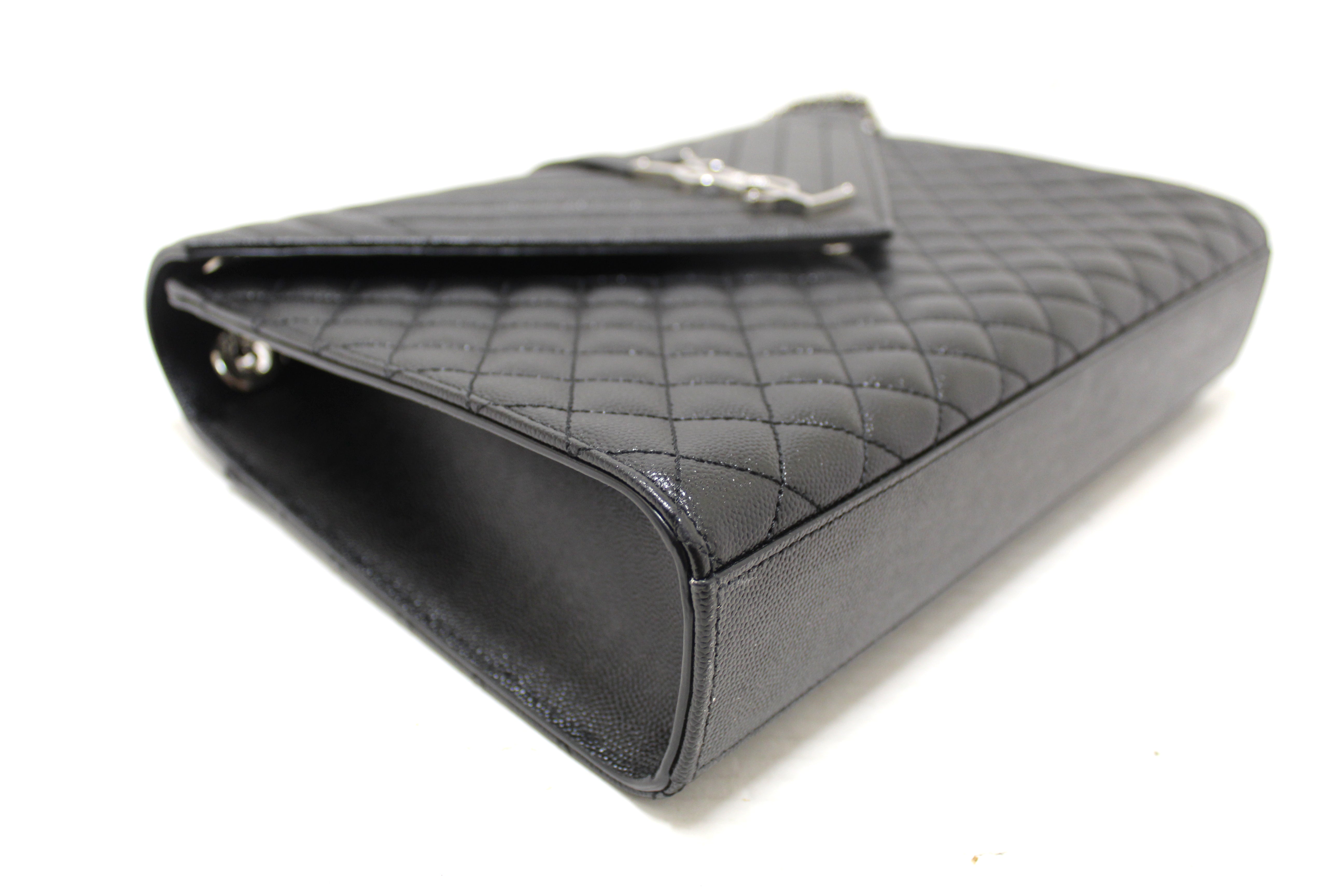Authentic Saint Laurent Black Matelasse Grain De Poudre Embossed Leather Medium Envelope Bag