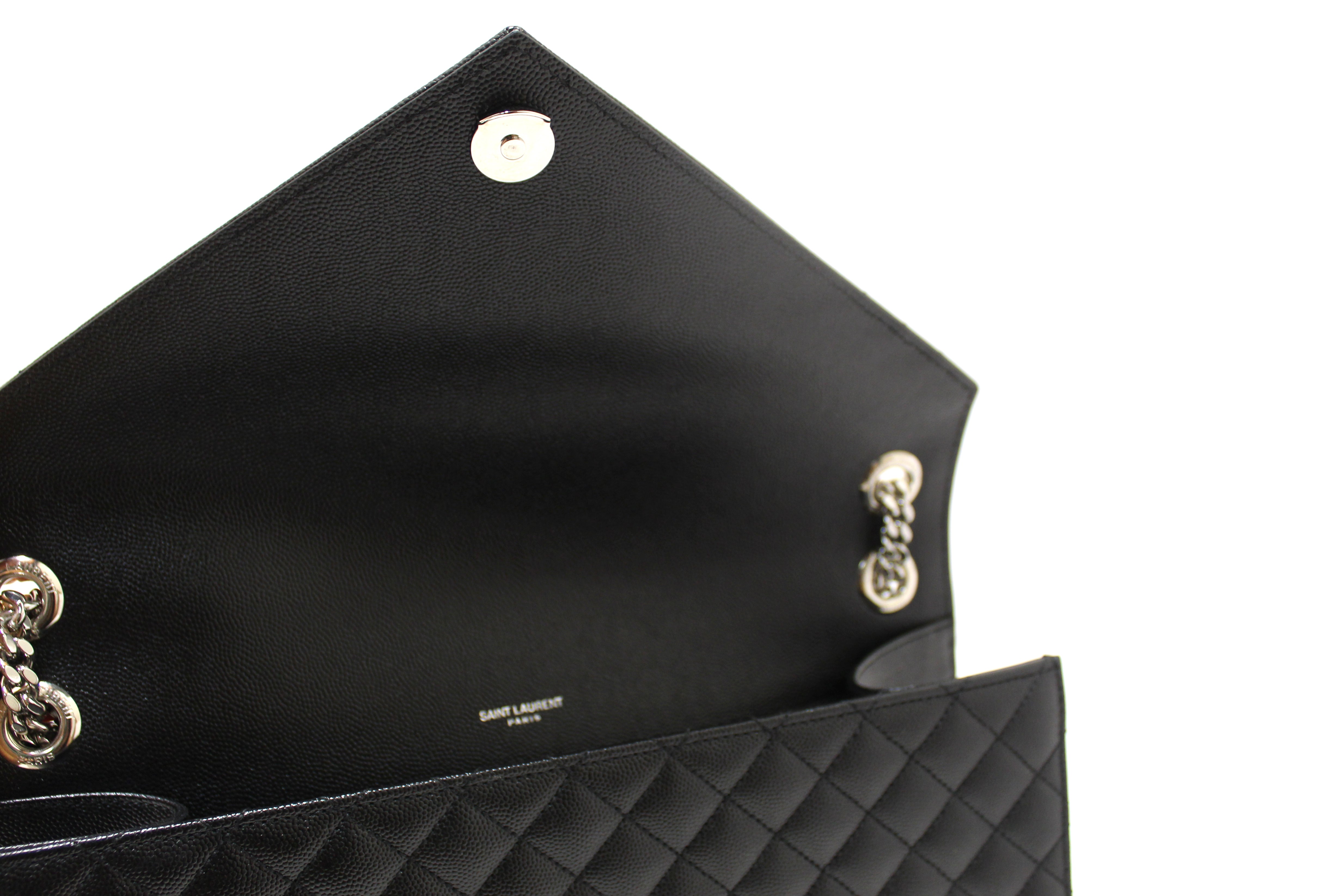 Authentic Saint Laurent Black Matelasse Grain De Poudre Embossed Leather Medium Envelope Bag