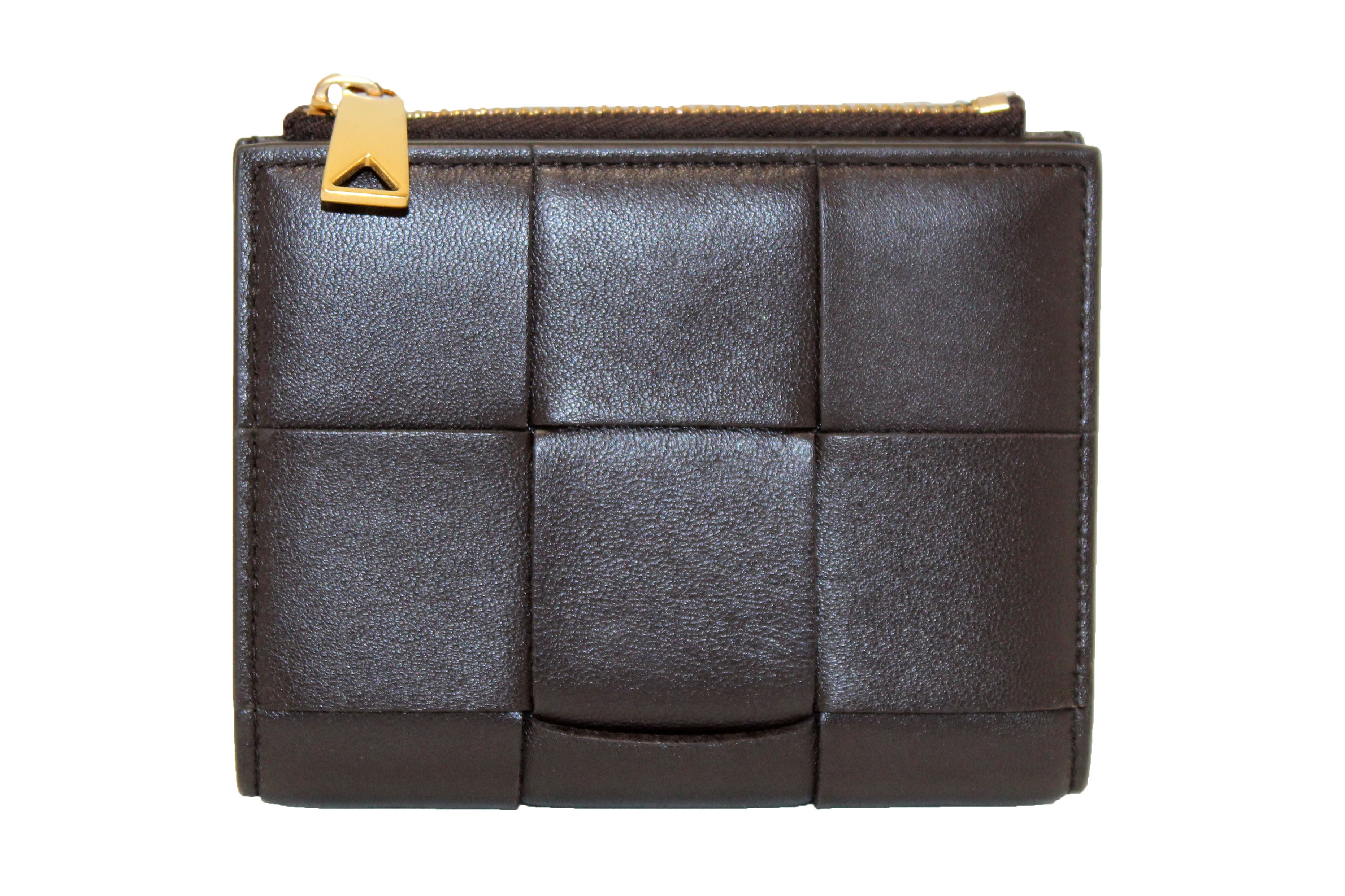Authentic Bottega Veneta Brown Intreccio Leather Small Bi-Fold Zip Wallet