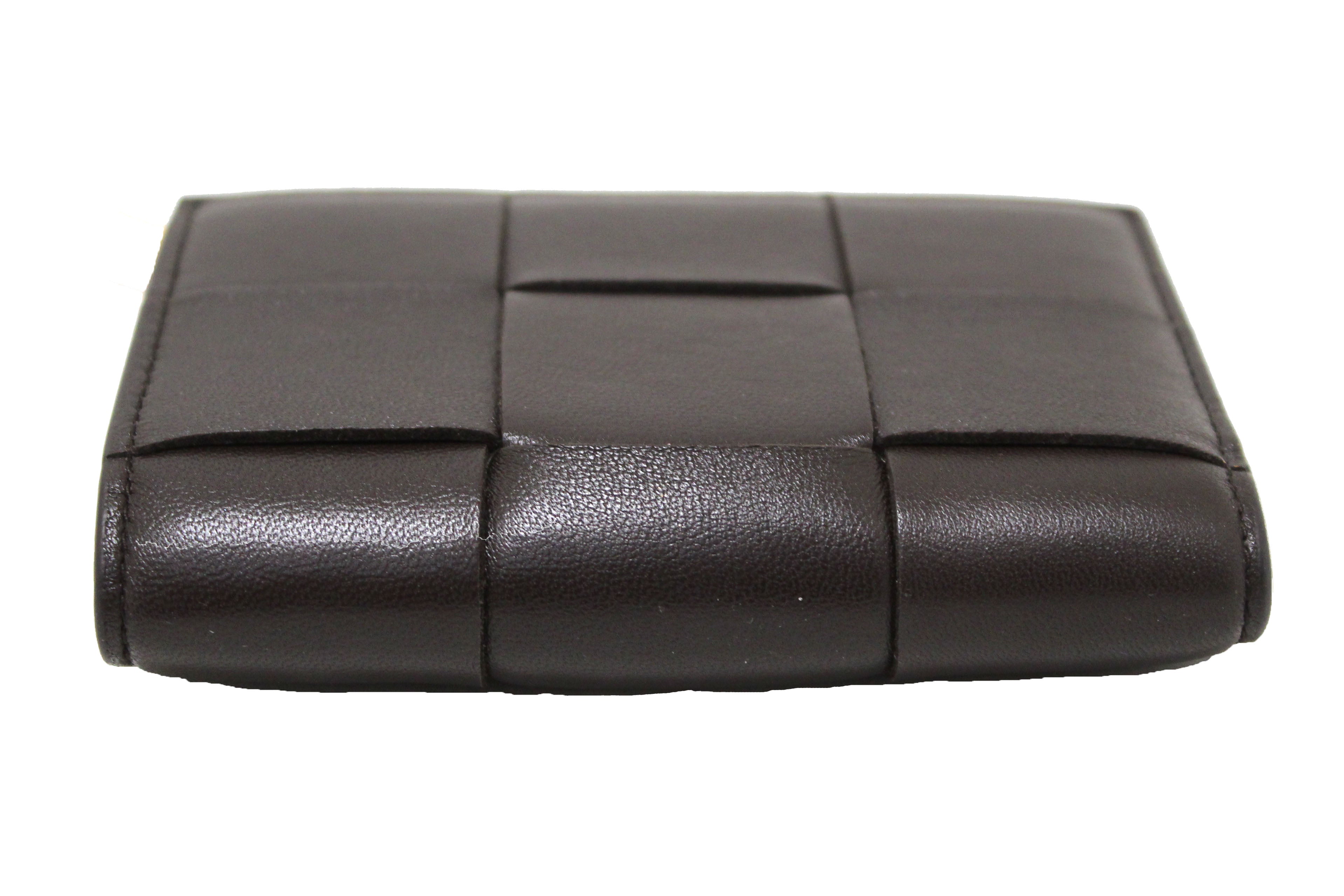 Authentic Bottega Veneta Brown Intreccio Leather Small Bi-Fold Zip Wallet