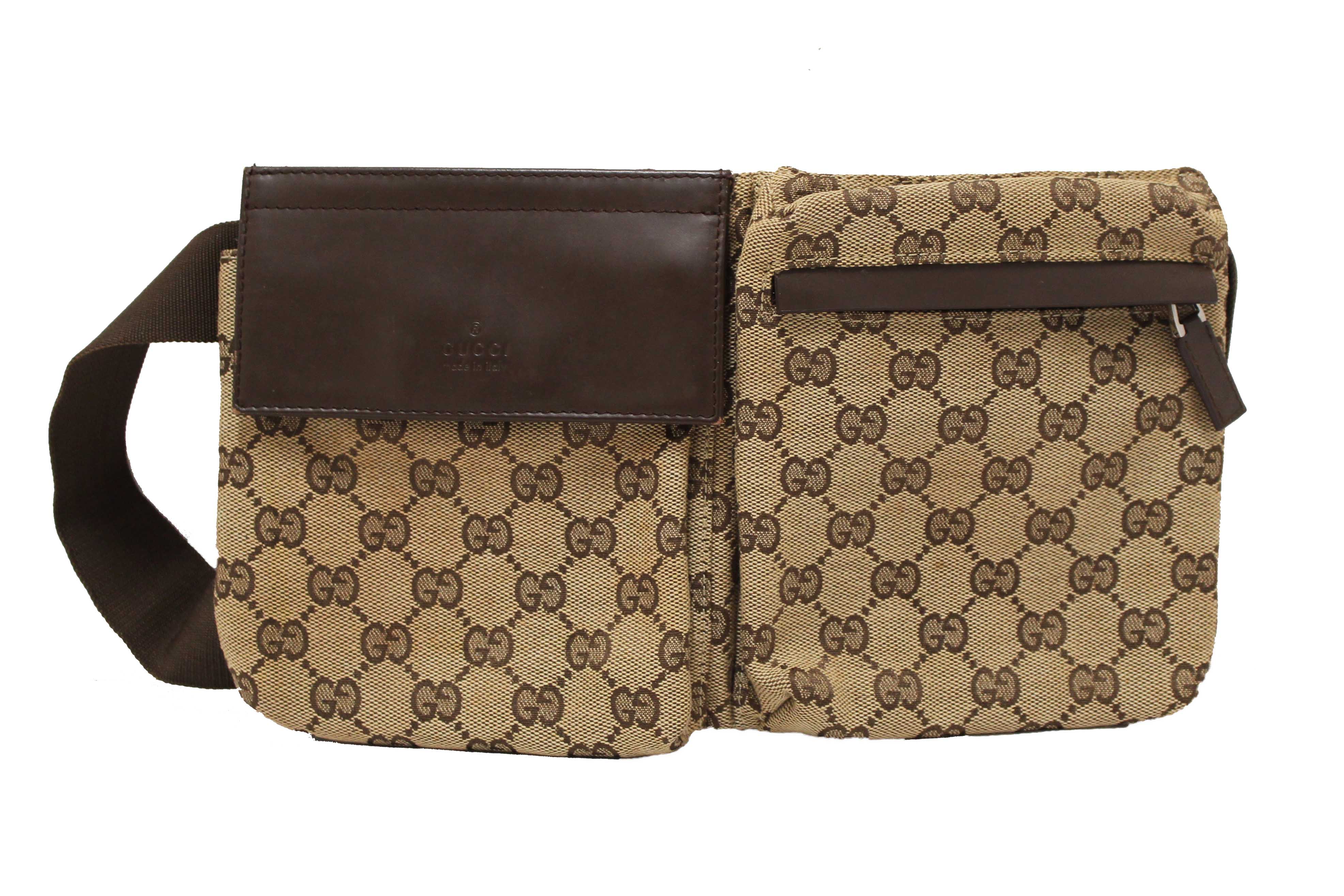 Authentic Gucci Vintage GG Monogram Web Double Pocket Belt Waist Bag 28566