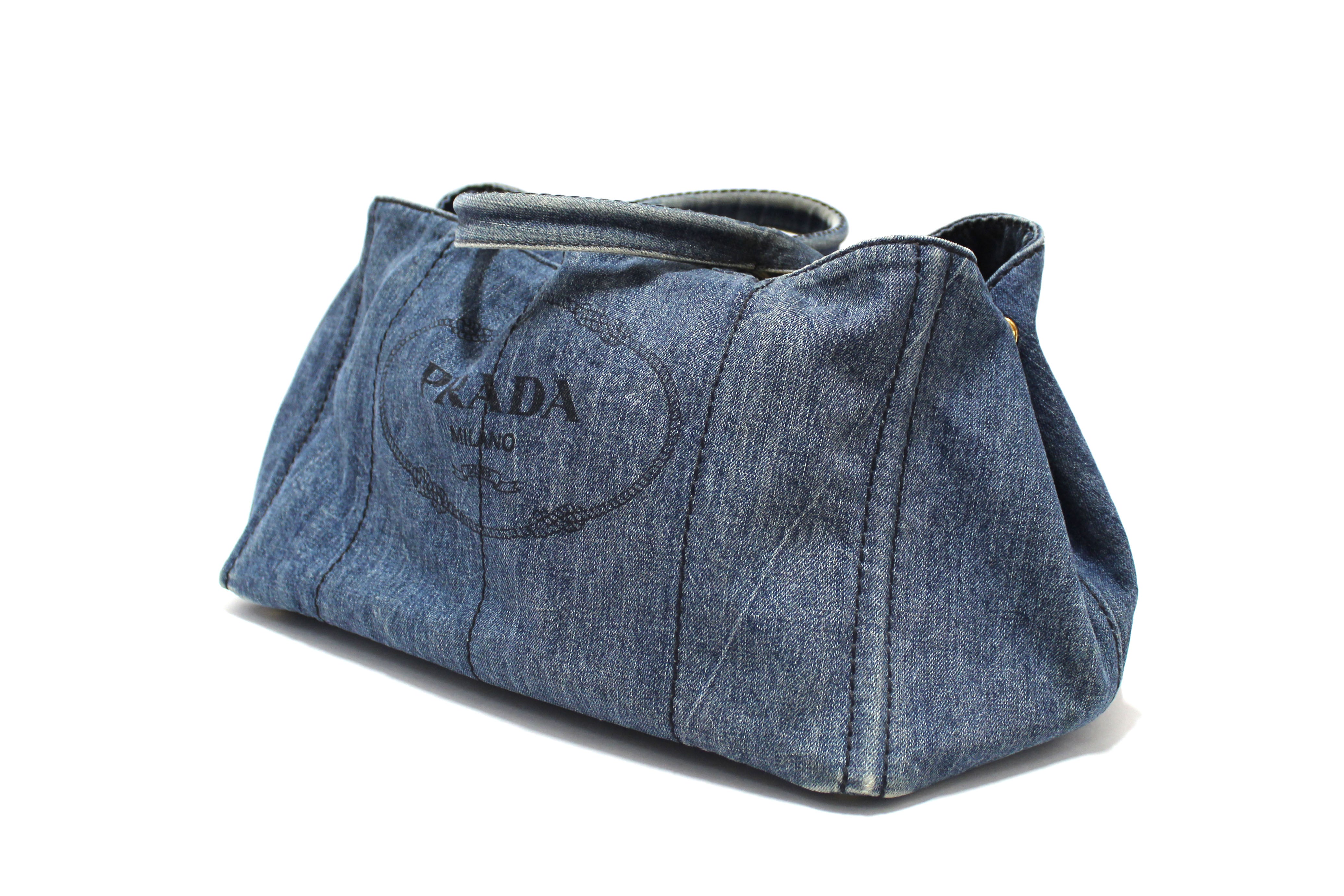 Authentic Prada Blue Large Canapa Denim Tote Handbag