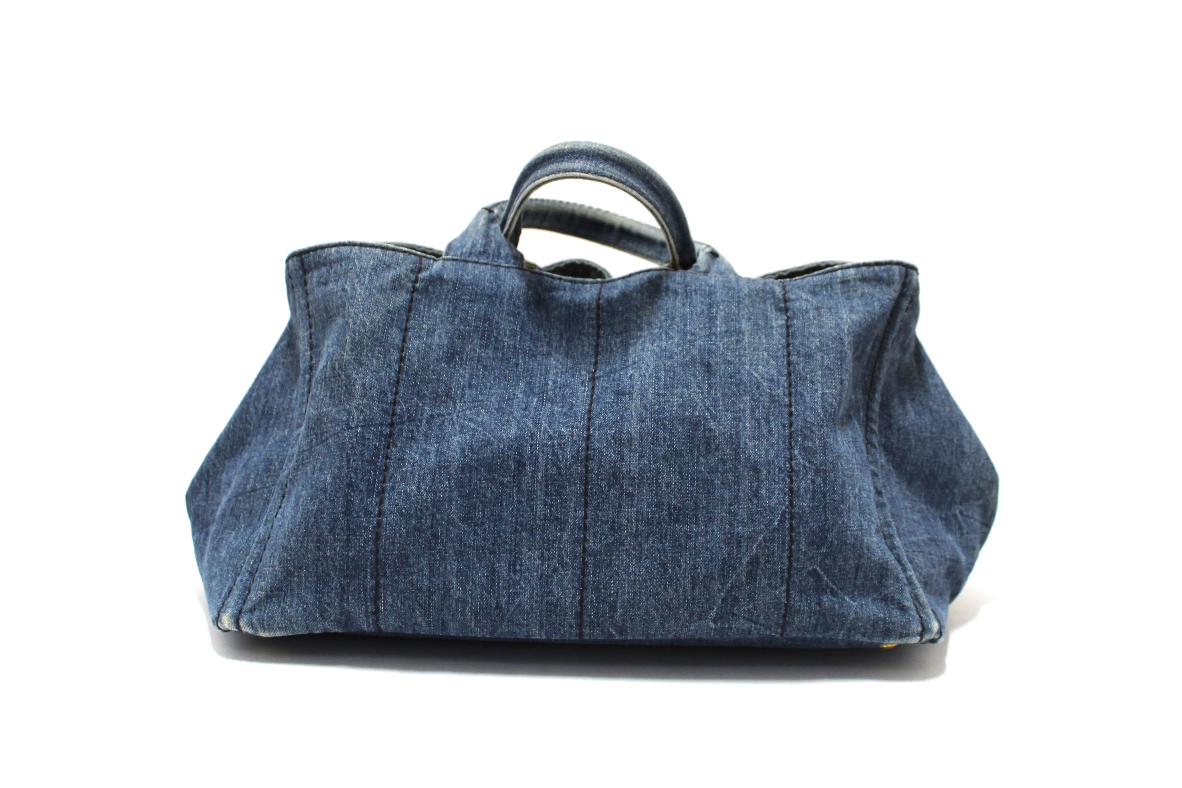 Authentic Prada Blue Large Canapa Denim Tote Handbag