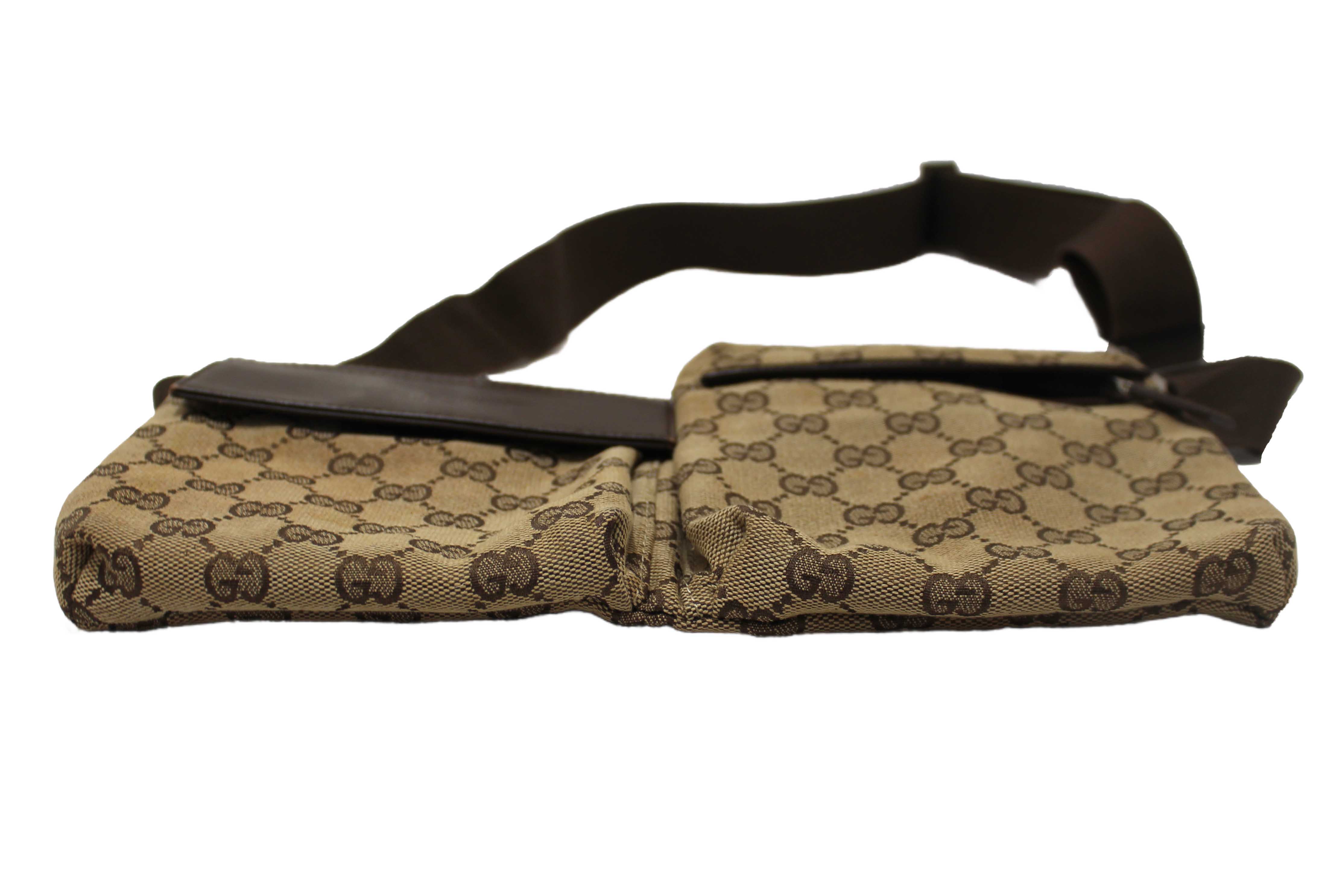 Authentic Gucci Vintage GG Monogram Web Double Pocket Belt Waist Bag 28566