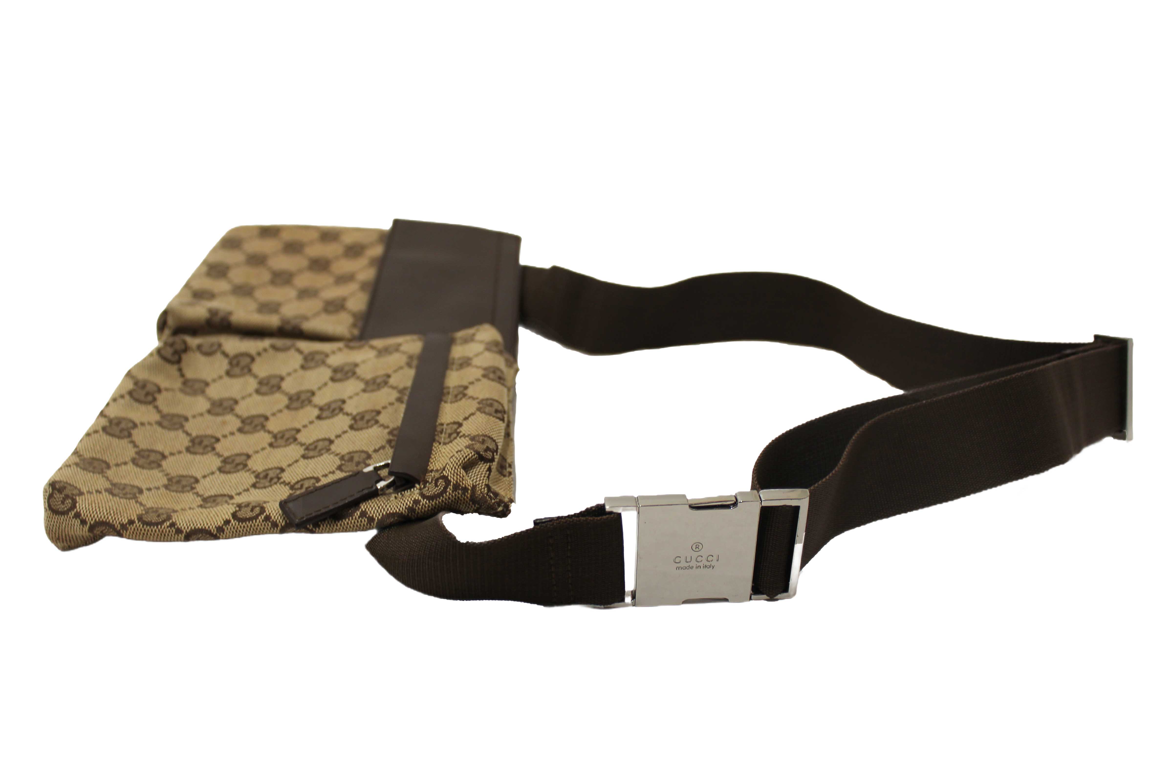 Authentic Gucci Vintage GG Monogram Web Double Pocket Belt Waist Bag 28566