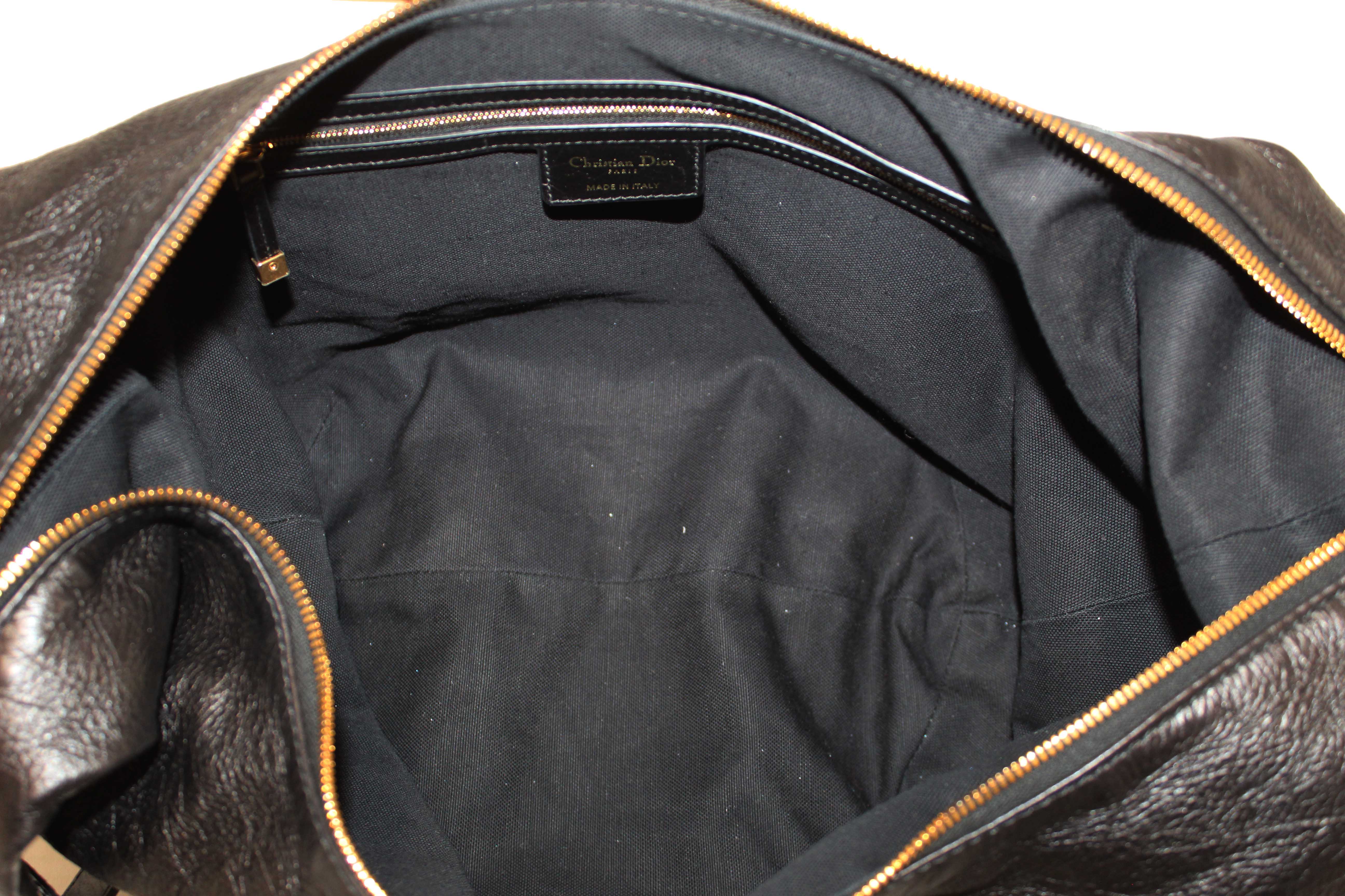 Authentic Christian Dior Black Crinkled Calfskin Large Grand Tour Multipocket Hobo Bag