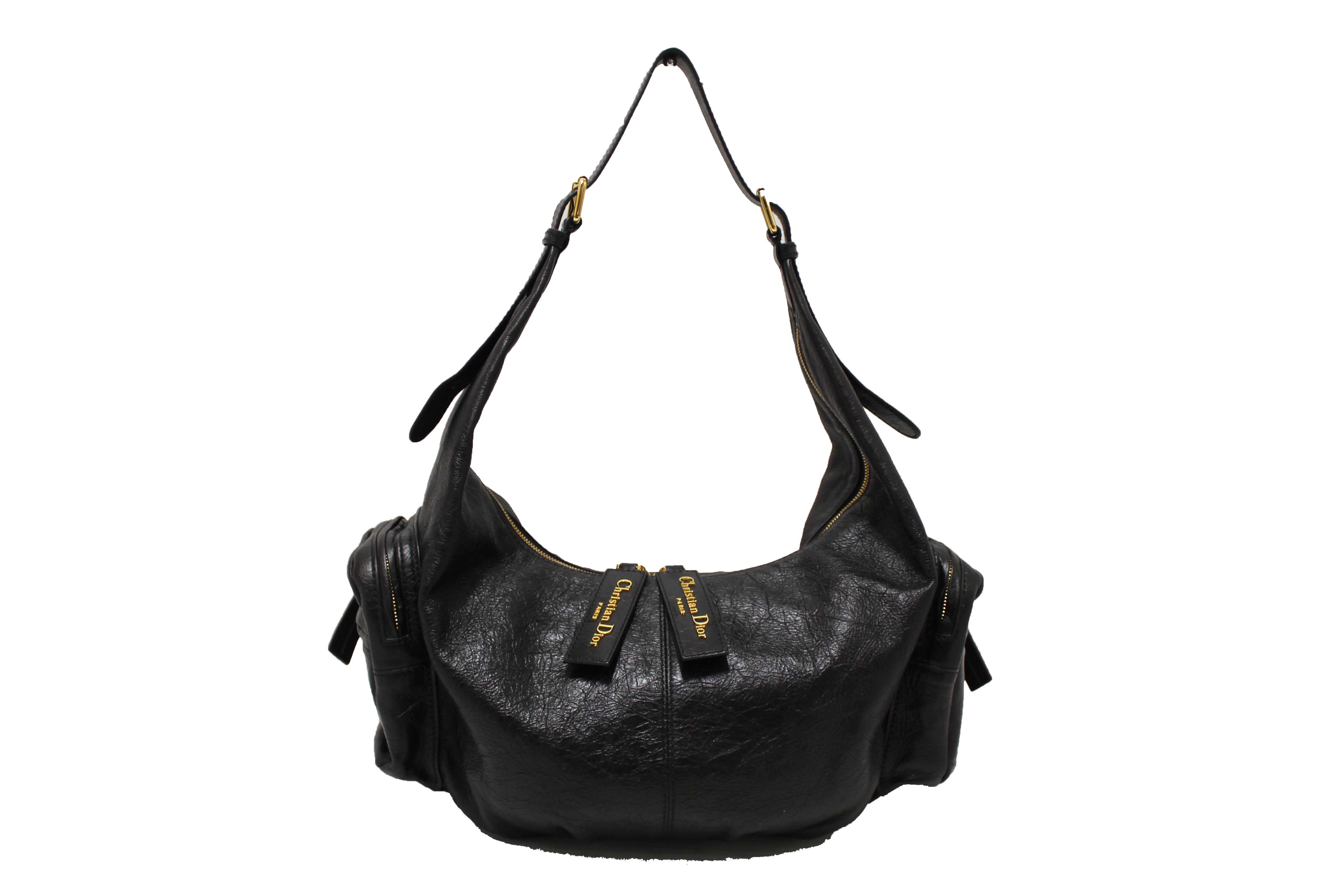 Authentic Christian Dior Black Crinkled Calfskin Large Grand Tour Multipocket Hobo Bag
