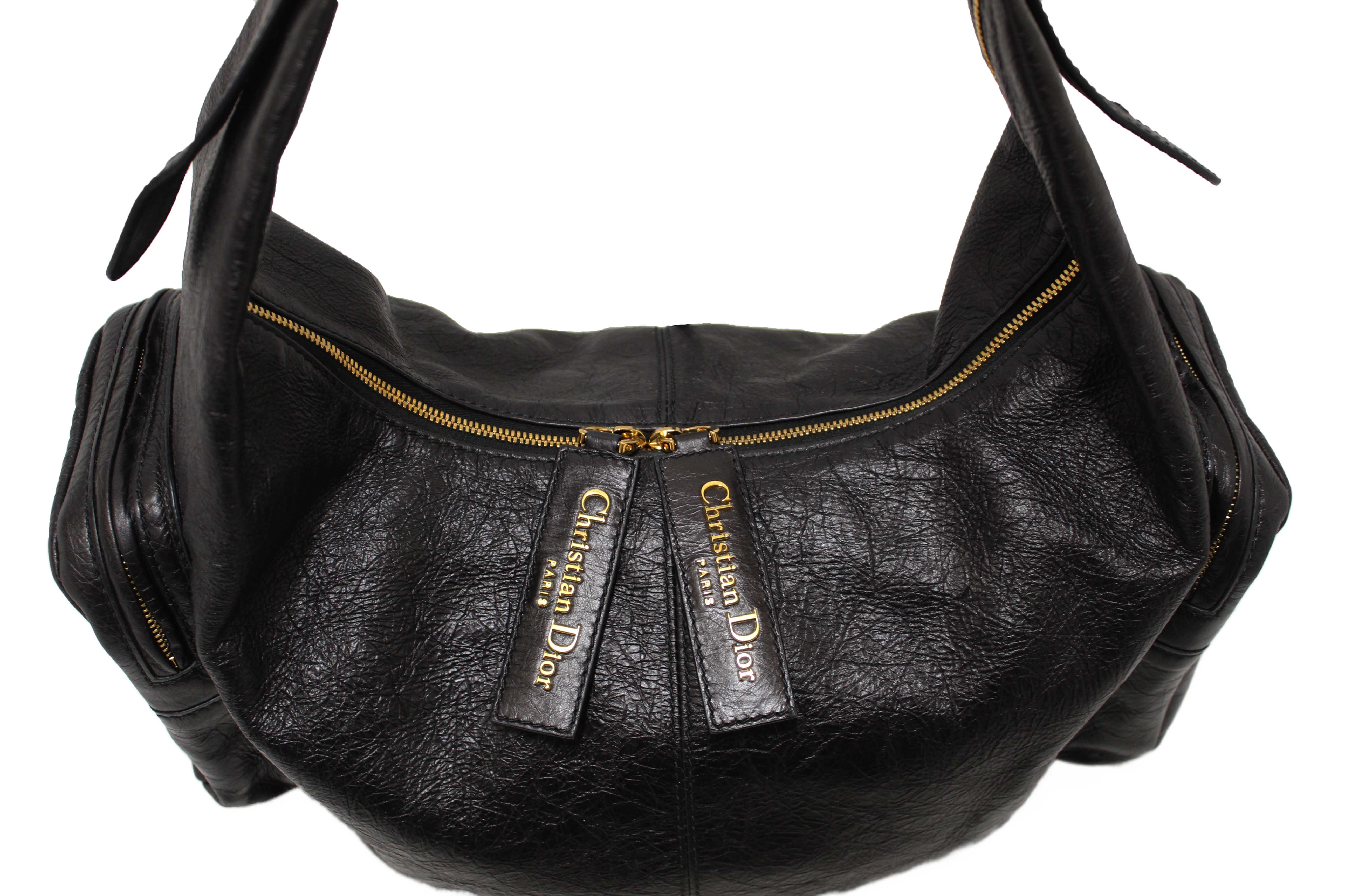 Authentic Christian Dior Black Crinkled Calfskin Large Grand Tour Multipocket Hobo Bag