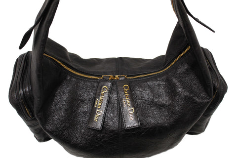 Authentic Christian Dior Black Crinkled Calfskin Large Grand Tour Multipocket Hobo Bag