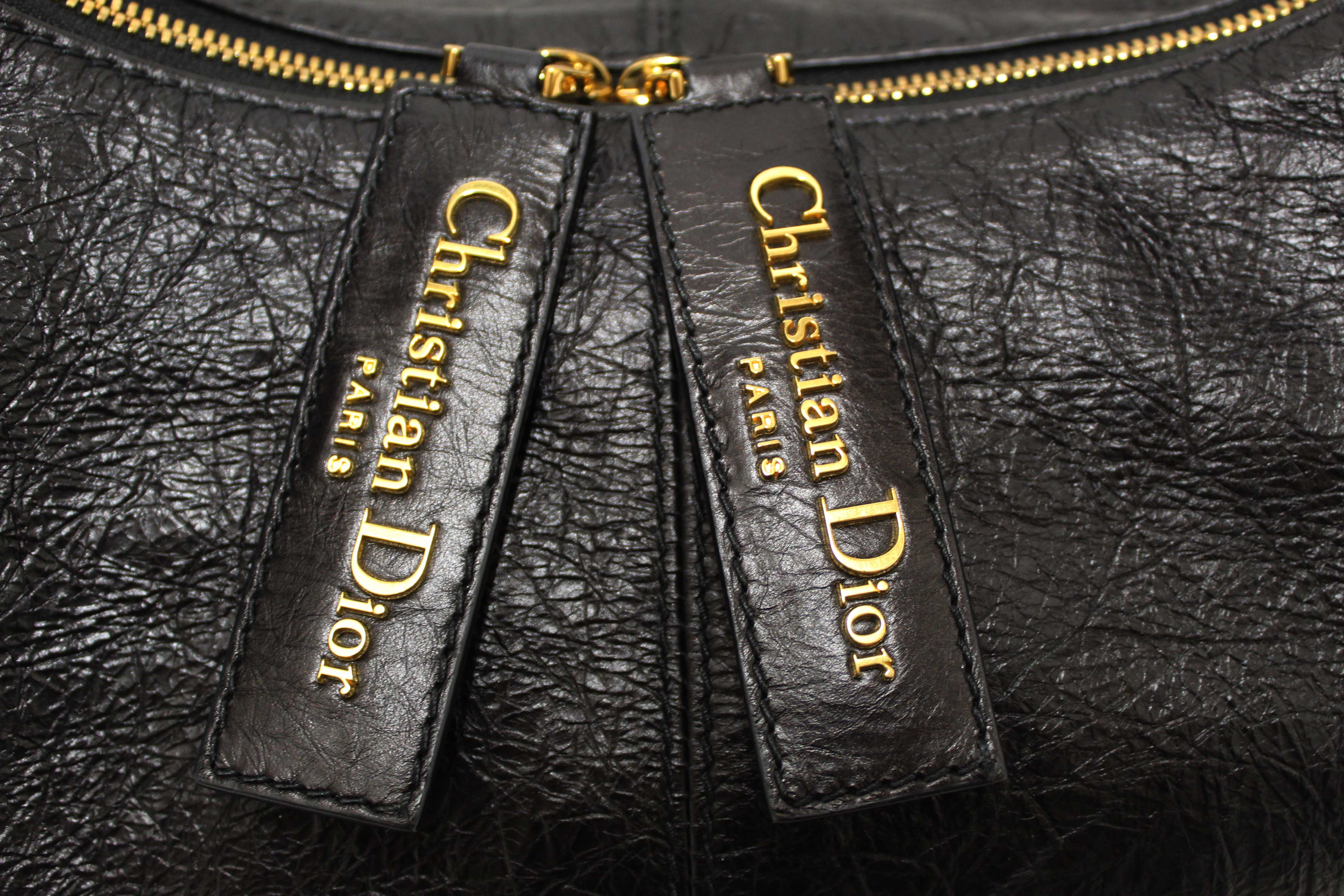 Authentic Christian Dior Black Crinkled Calfskin Large Grand Tour Multipocket Hobo Bag