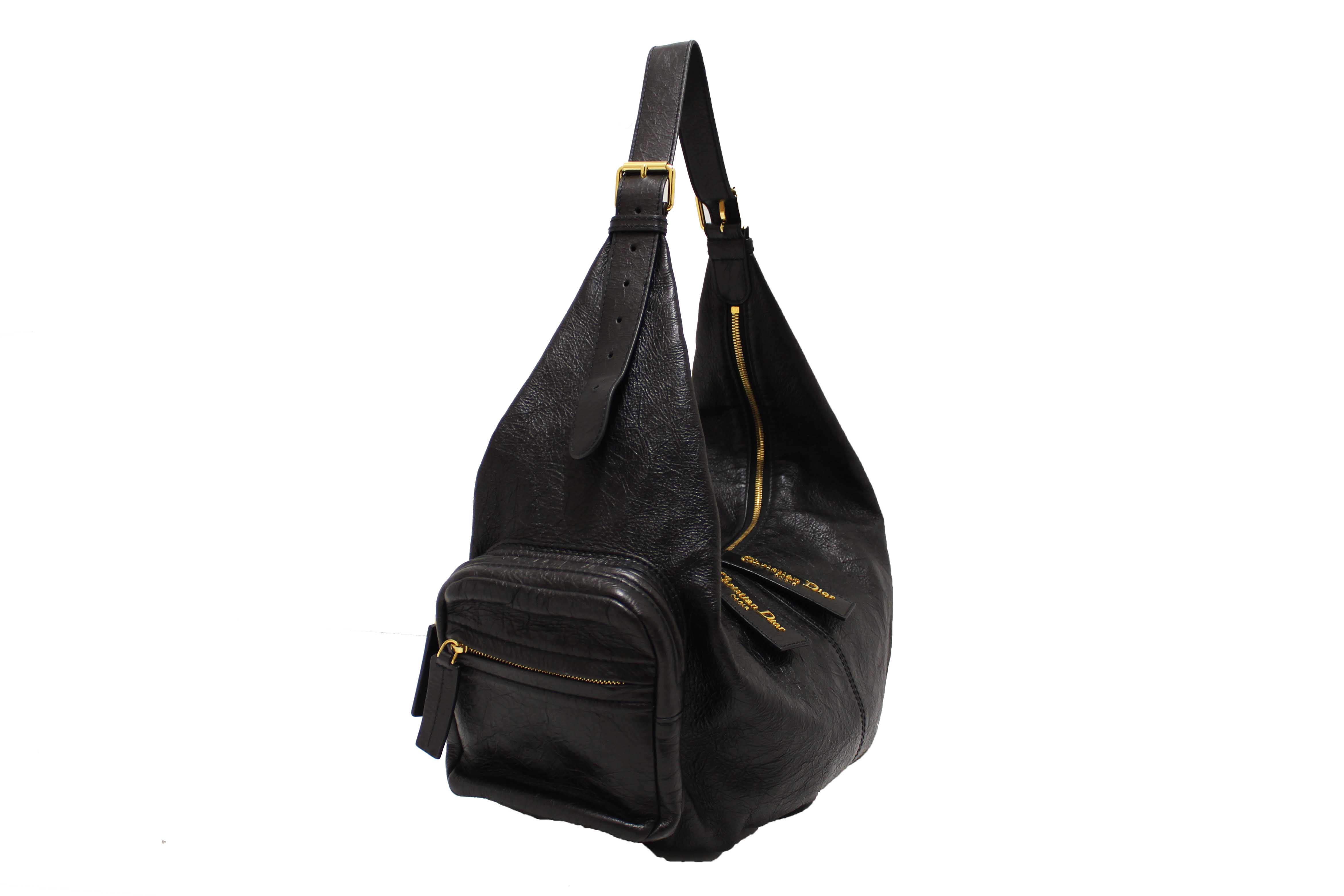 Authentic Christian Dior Black Crinkled Calfskin Large Grand Tour Multipocket Hobo Bag