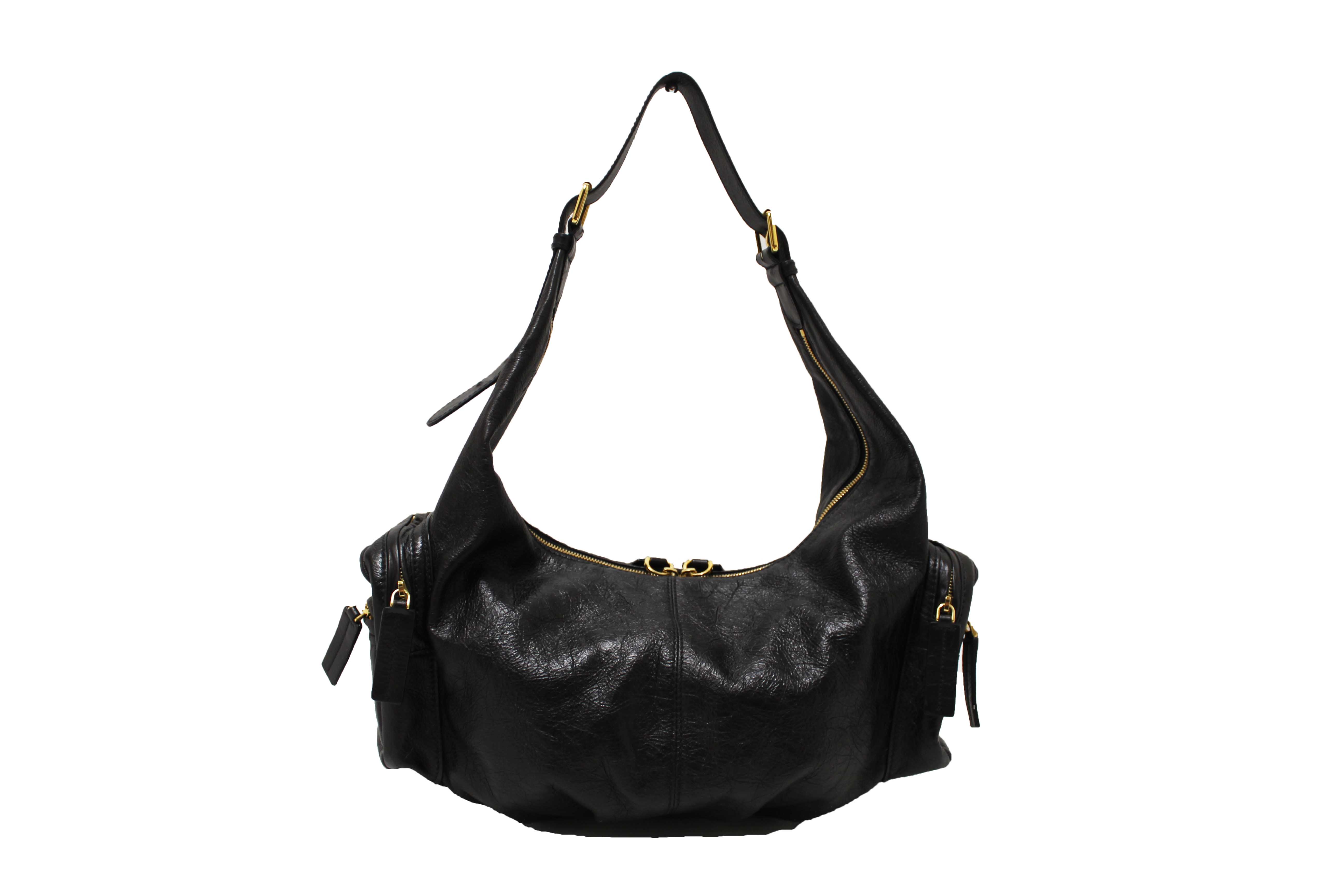 Authentic Christian Dior Black Crinkled Calfskin Large Grand Tour Multipocket Hobo Bag