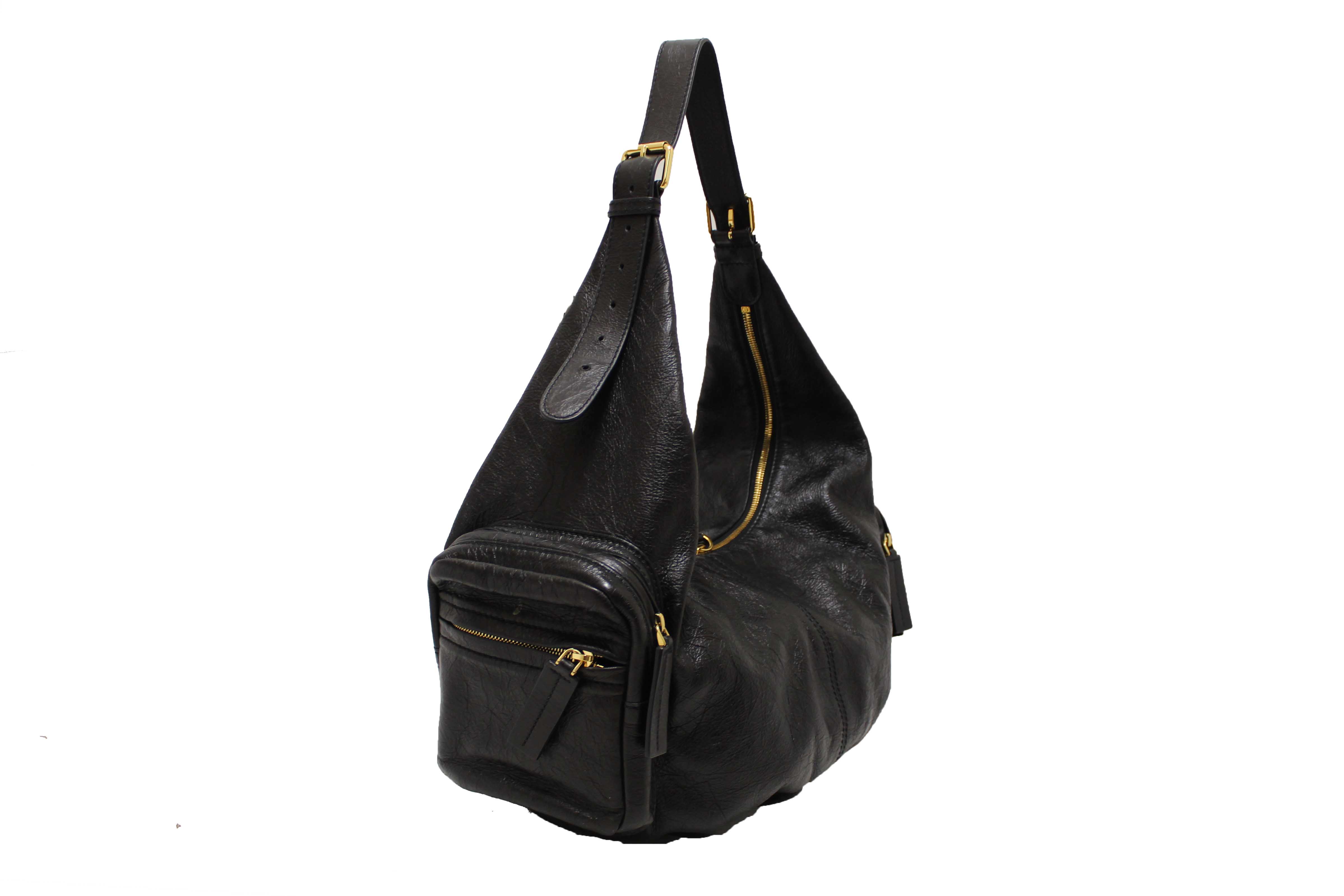 Authentic Christian Dior Black Crinkled Calfskin Large Grand Tour Multipocket Hobo Bag
