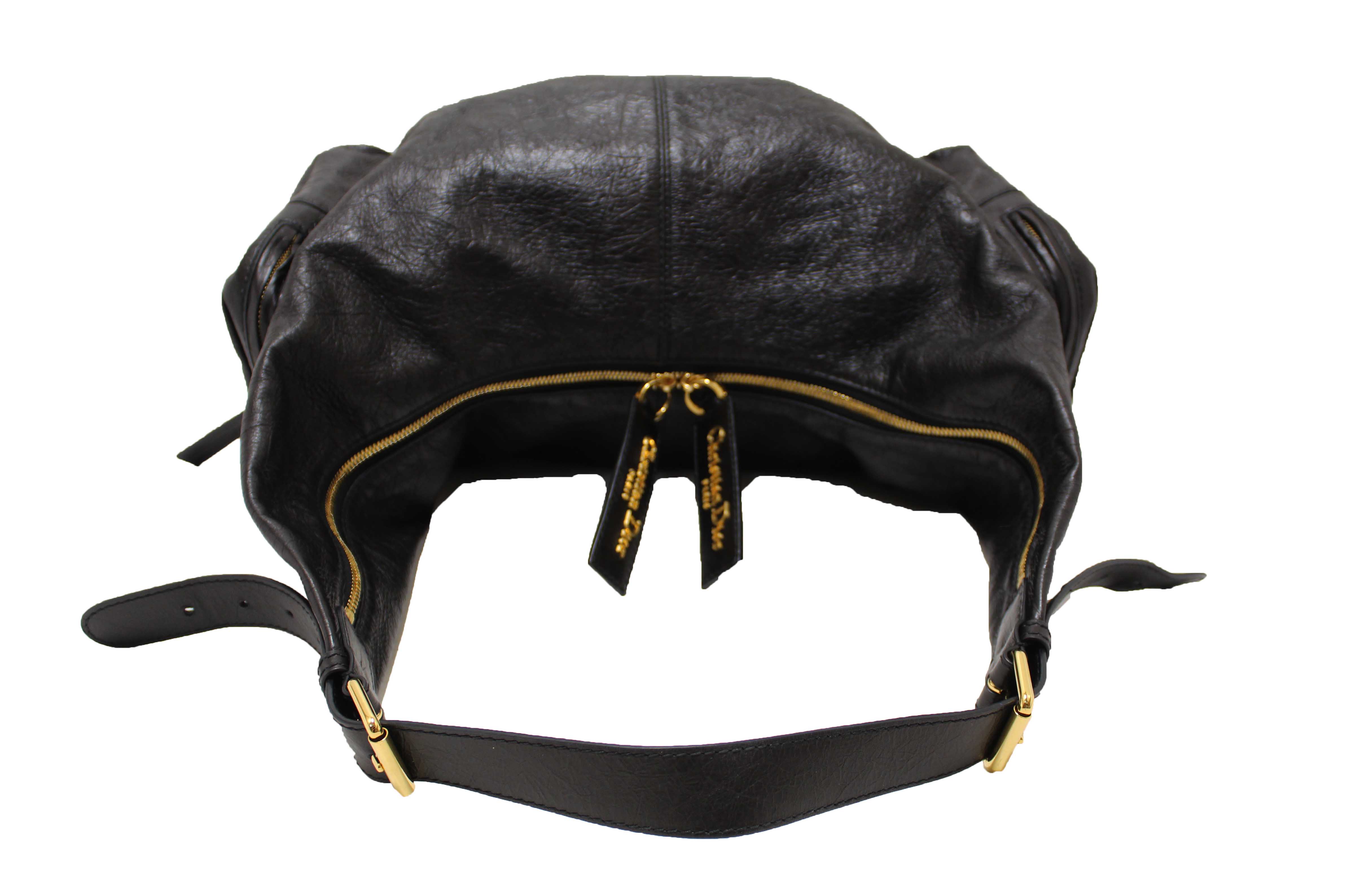 Authentic Christian Dior Black Crinkled Calfskin Large Grand Tour Multipocket Hobo Bag