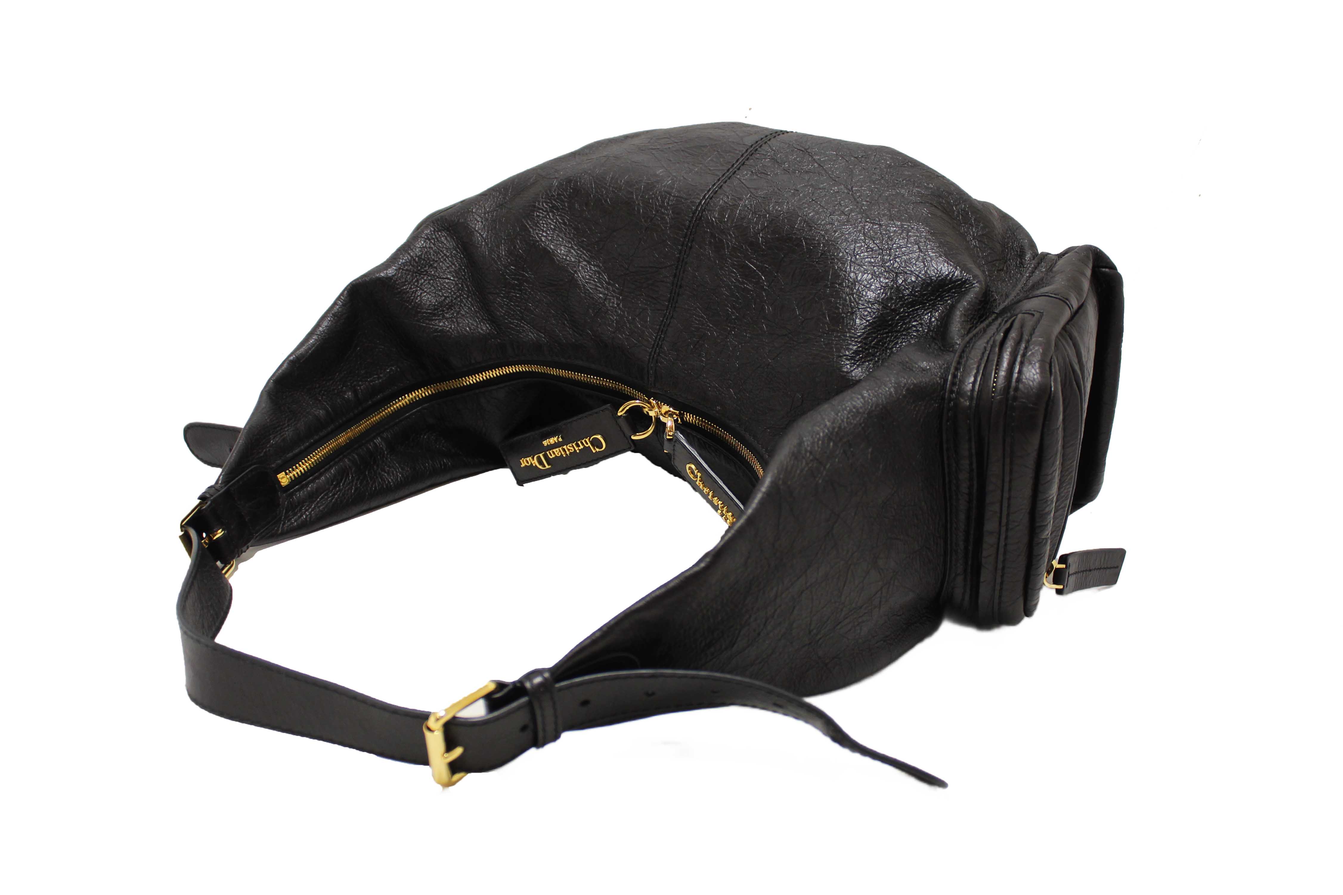 Authentic Christian Dior Black Crinkled Calfskin Large Grand Tour Multipocket Hobo Bag