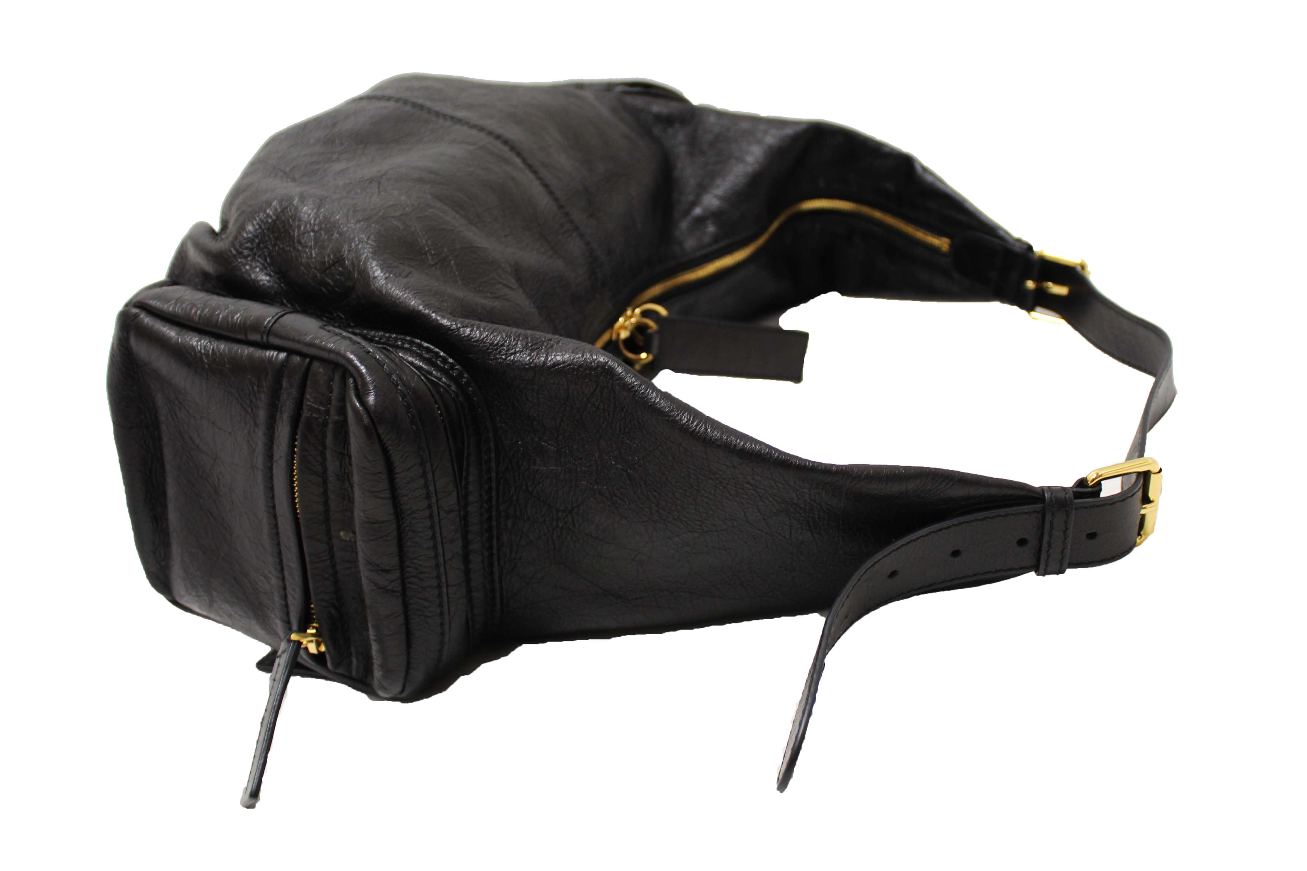 Authentic Christian Dior Black Crinkled Calfskin Large Grand Tour Multipocket Hobo Bag