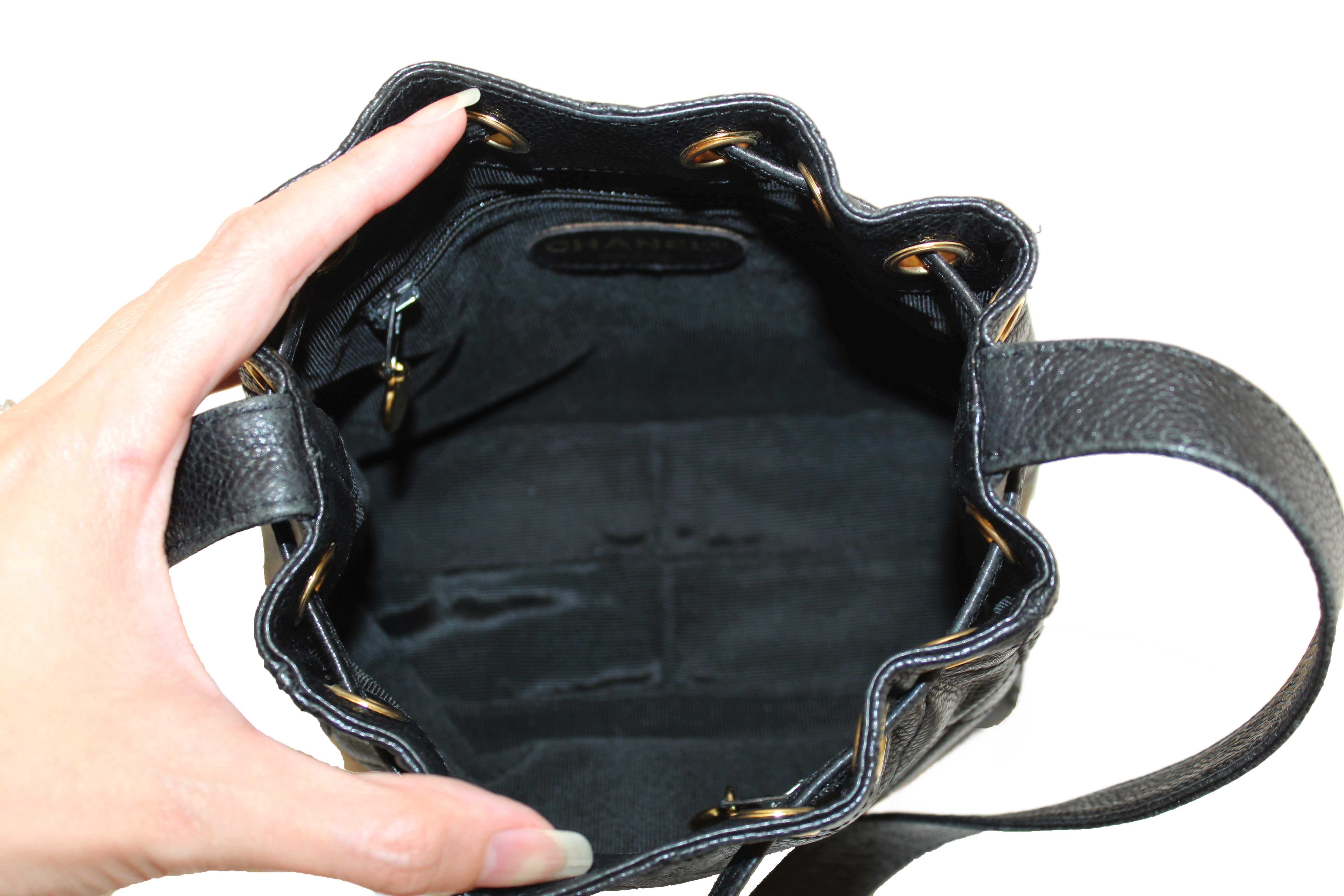 Authentic Chanel Black Caviar Leather Mini Drawstring Bucket Crossbody Bag