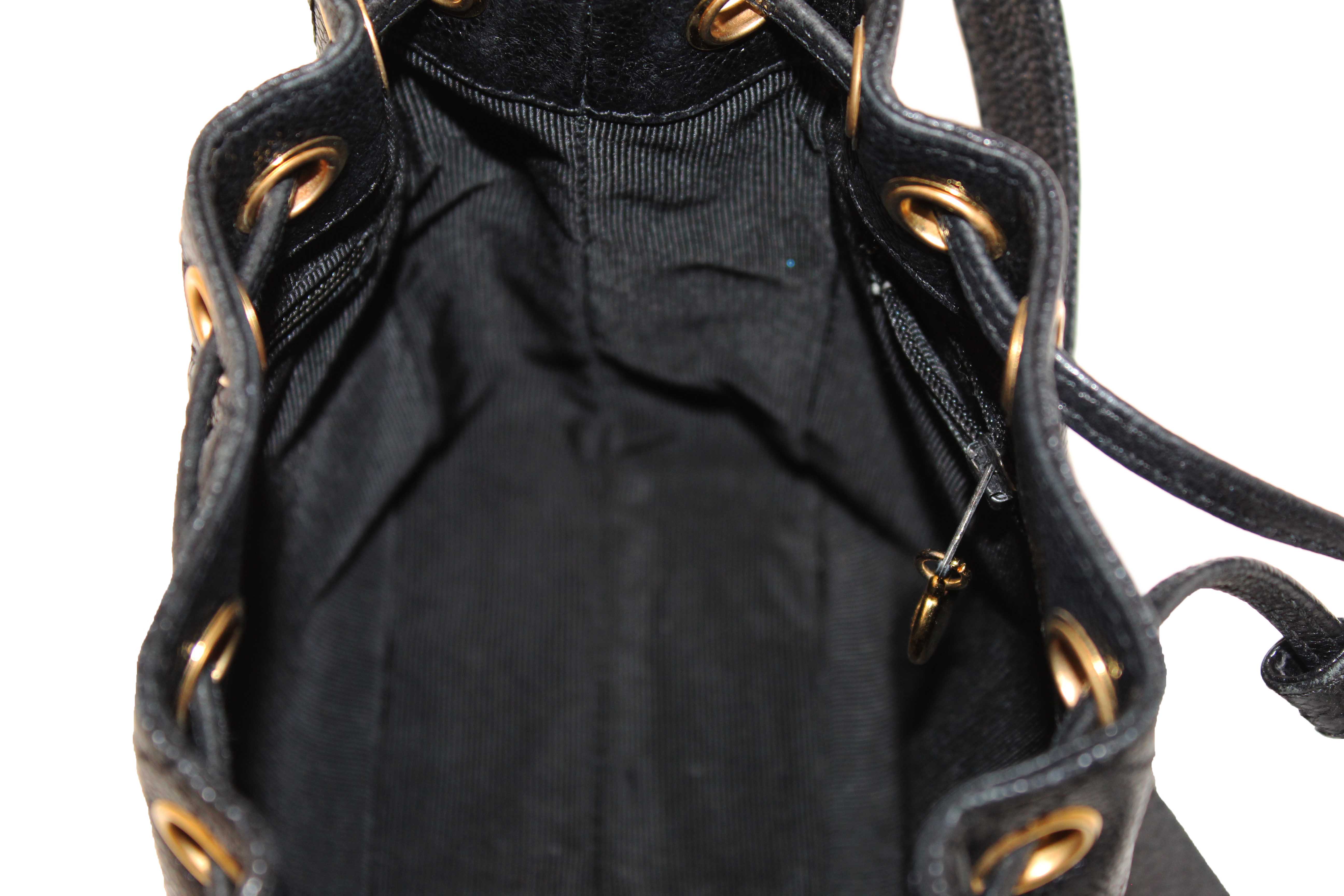 Authentic Chanel Black Caviar Leather Mini Drawstring Bucket Crossbody Bag