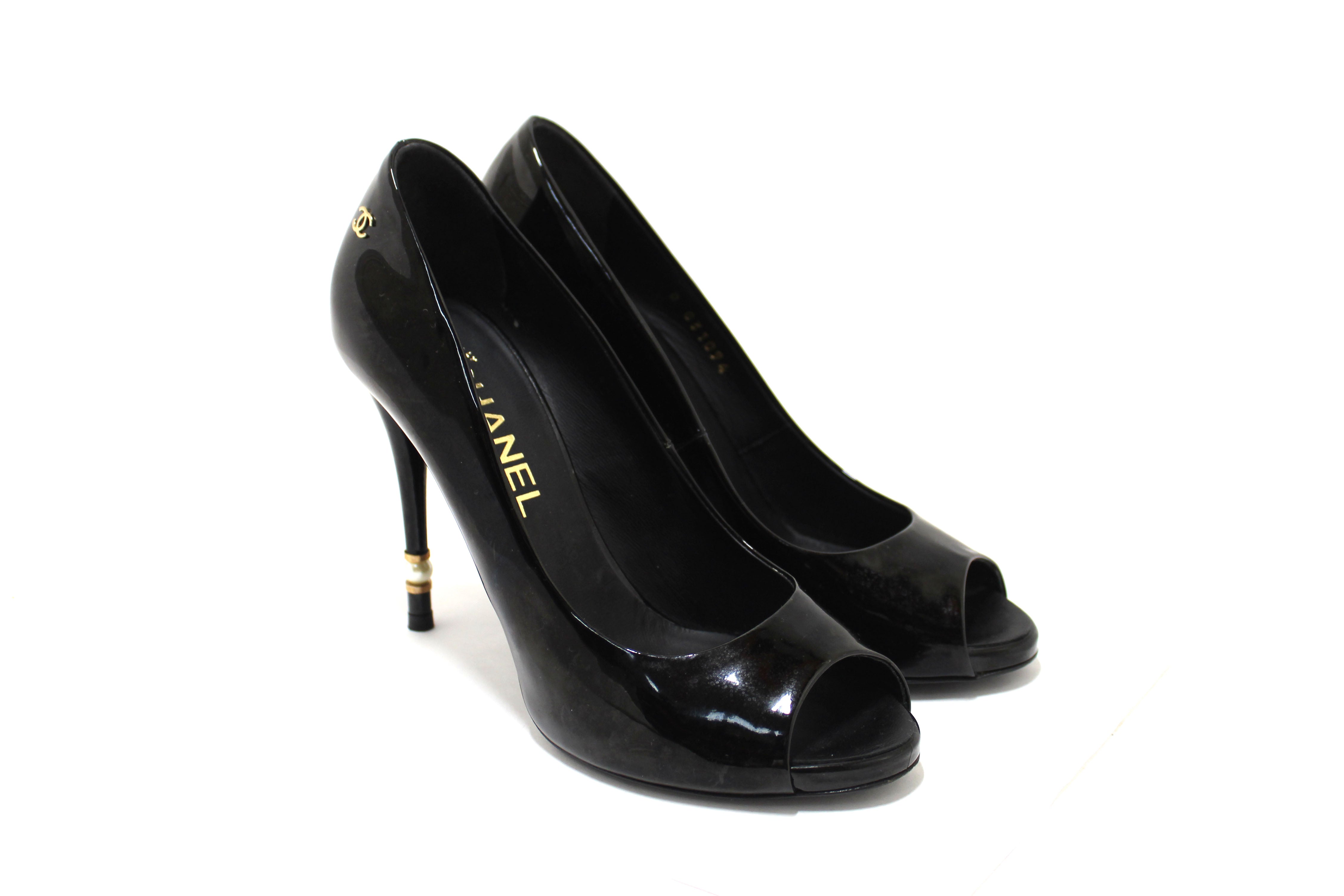 Chanel Black Patent Leather CC Pearl Embellished Heel Peep Toe Pumps Size 38