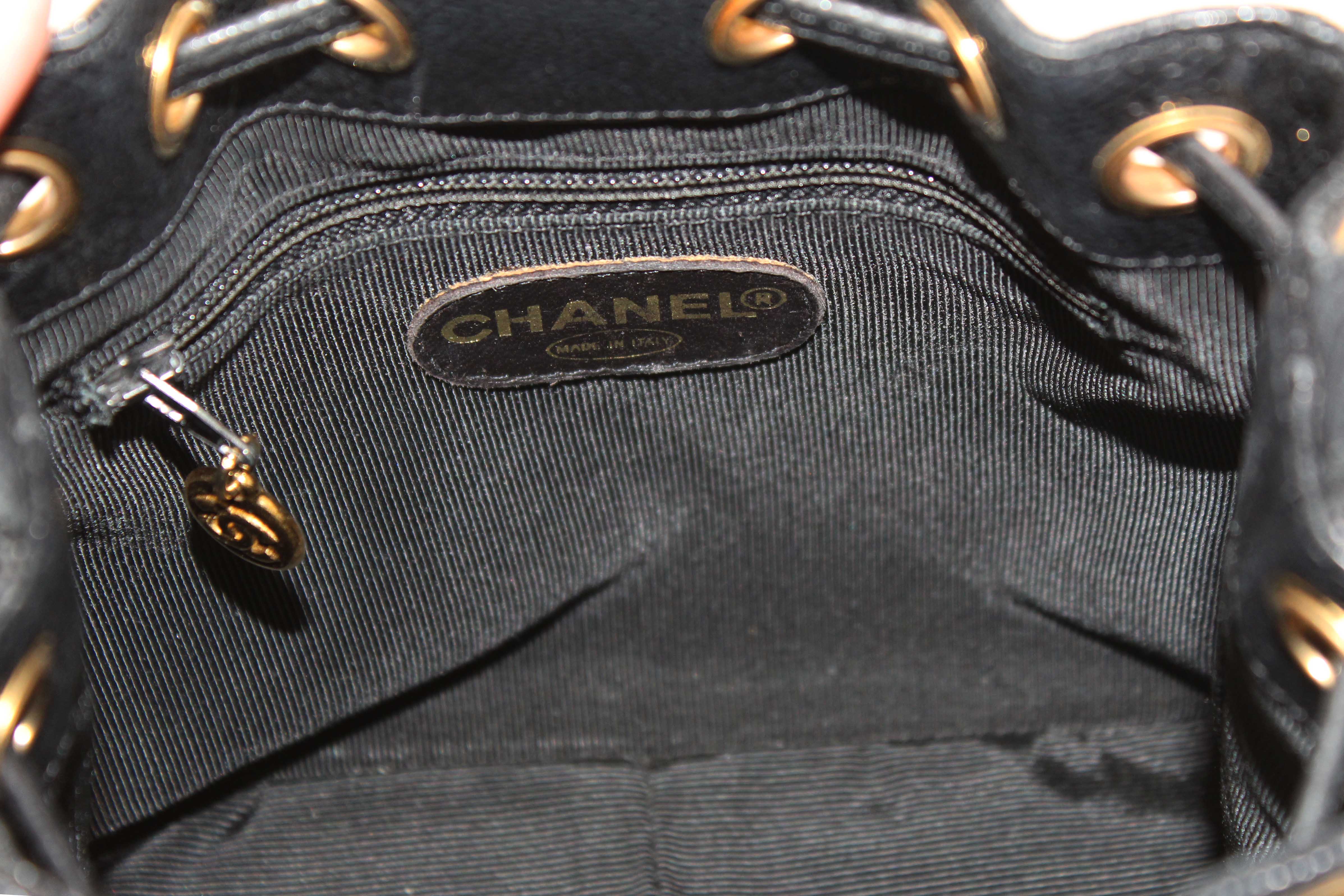 Authentic Chanel Black Caviar Leather Mini Drawstring Bucket Crossbody Bag