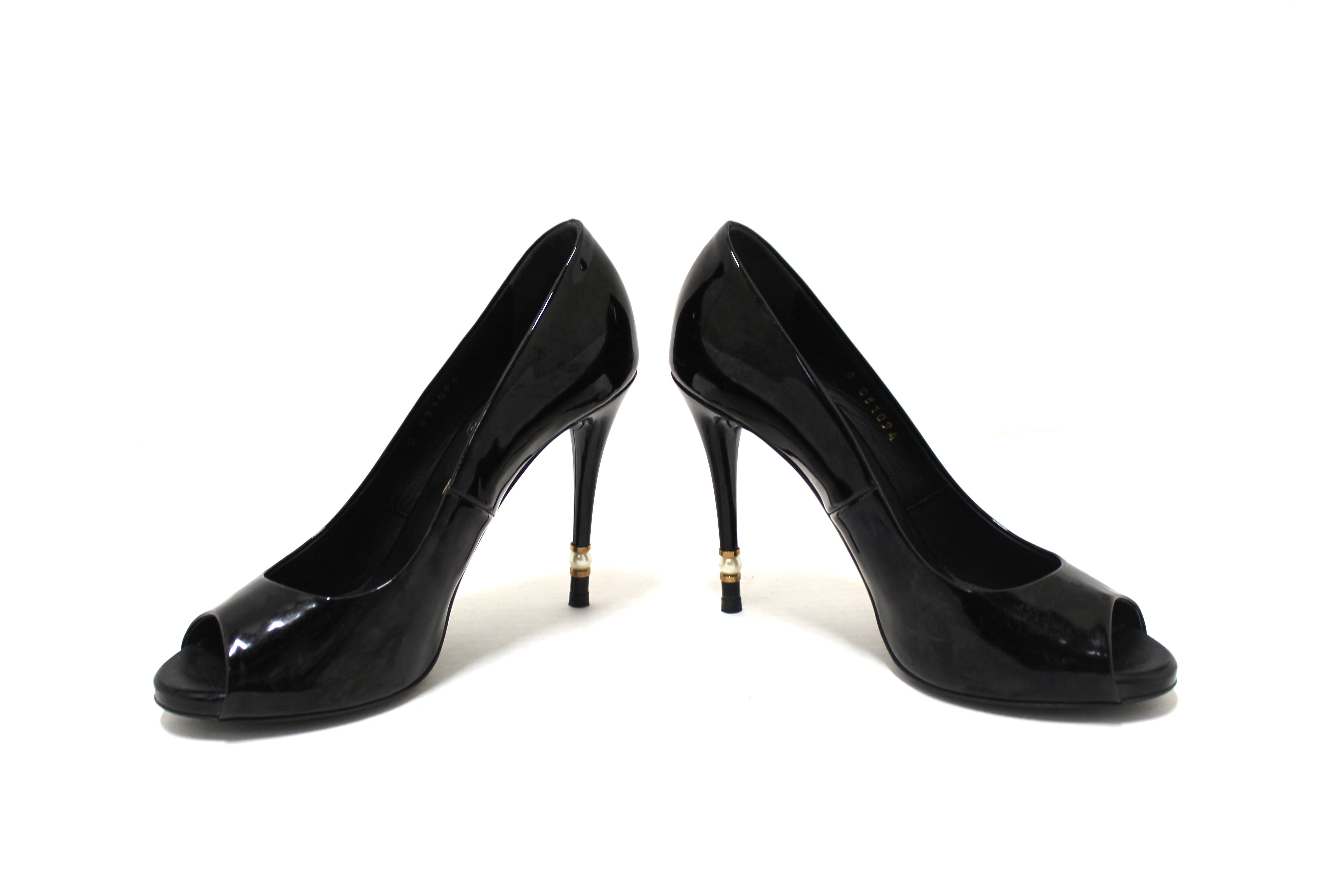 Chanel Black Patent Leather CC Pearl Embellished Heel Peep Toe Pumps Size 38