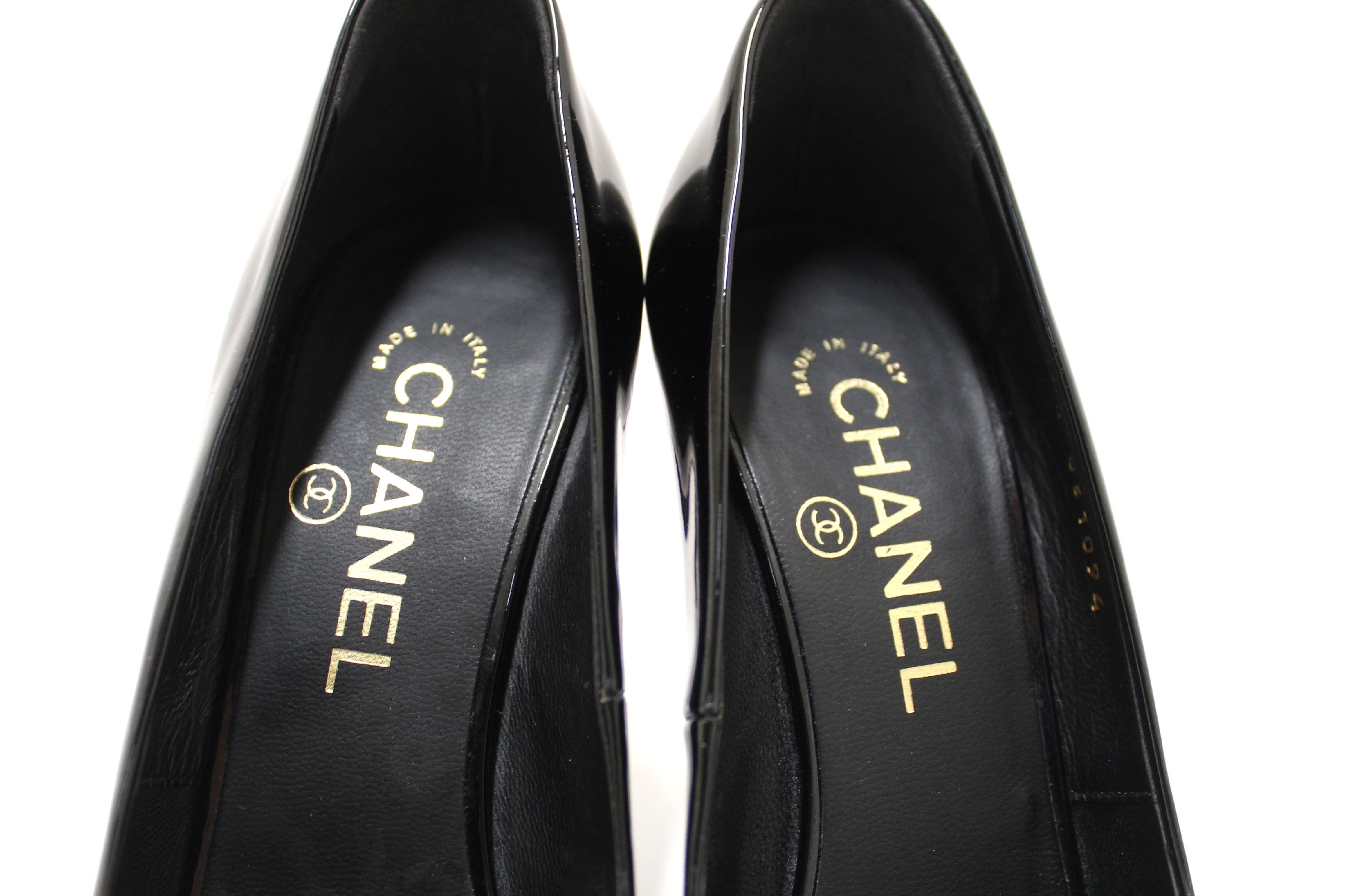 Chanel Black Patent Leather CC Pearl Embellished Heel Peep Toe Pumps Size 38