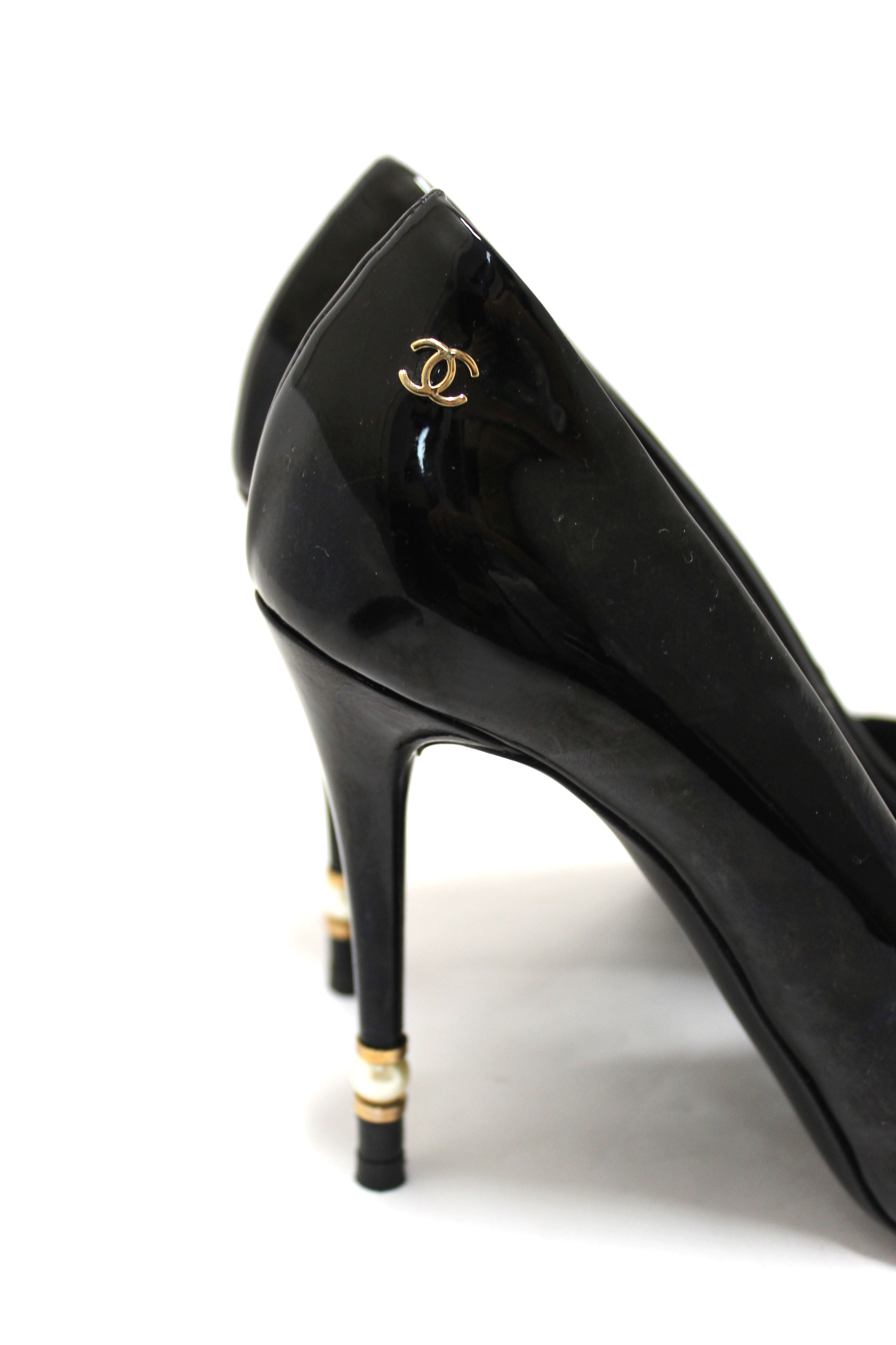 Chanel Black Patent Leather CC Pearl Embellished Heel Peep Toe Pumps Size 38