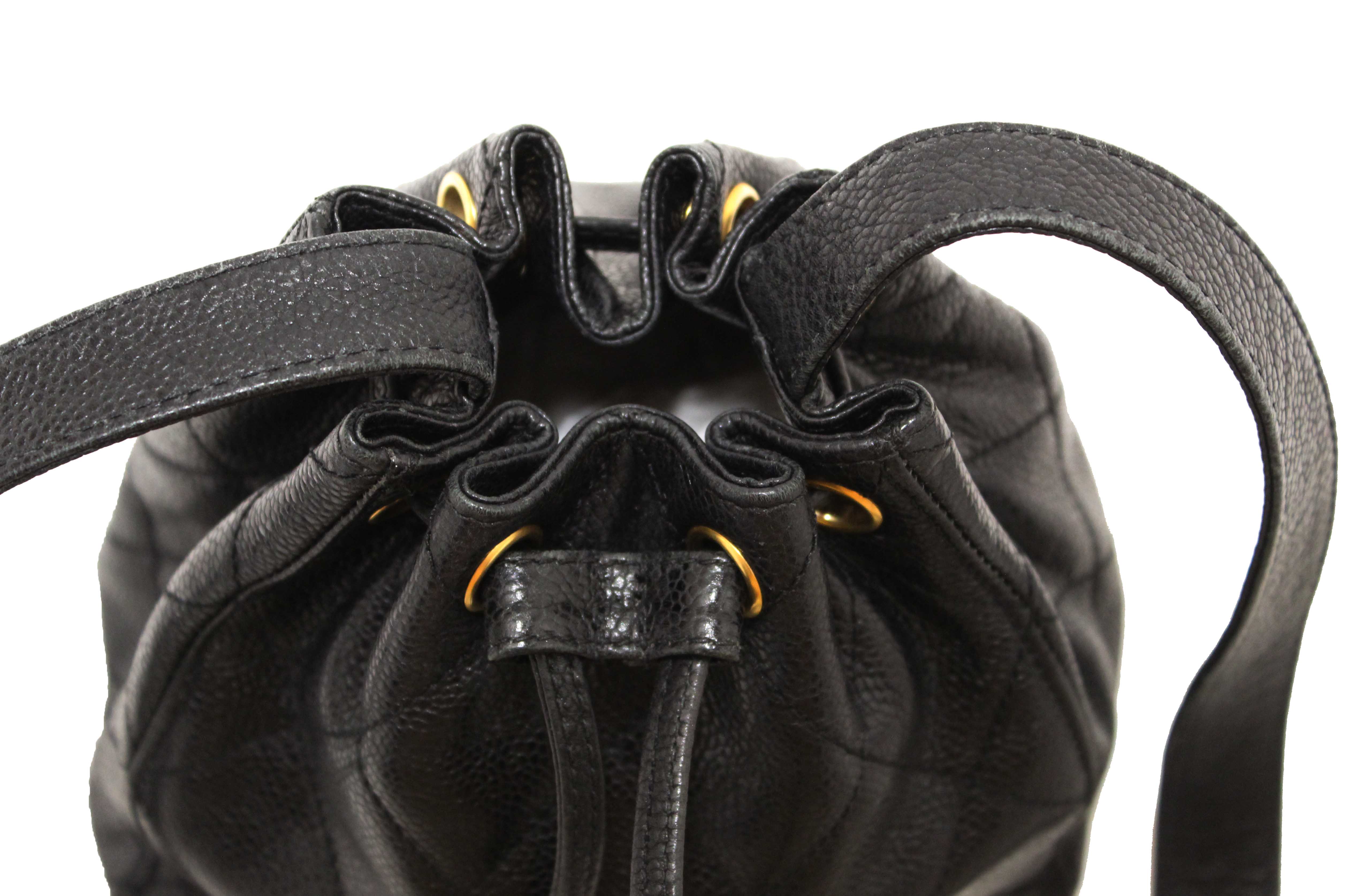 Authentic Chanel Black Caviar Leather Mini Drawstring Bucket Crossbody Bag