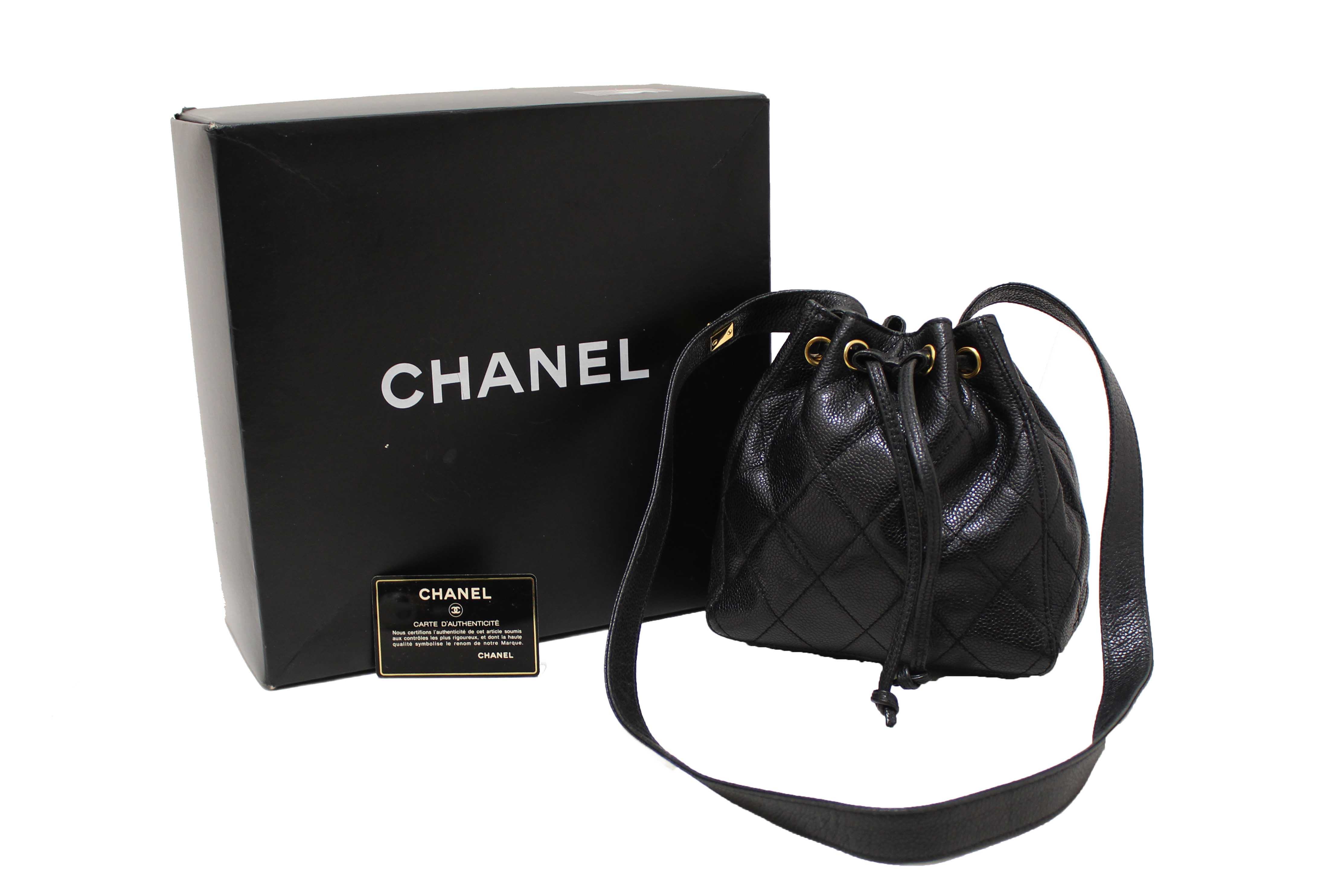 Authentic Chanel Black Caviar Leather Mini Drawstring Bucket Crossbody Bag