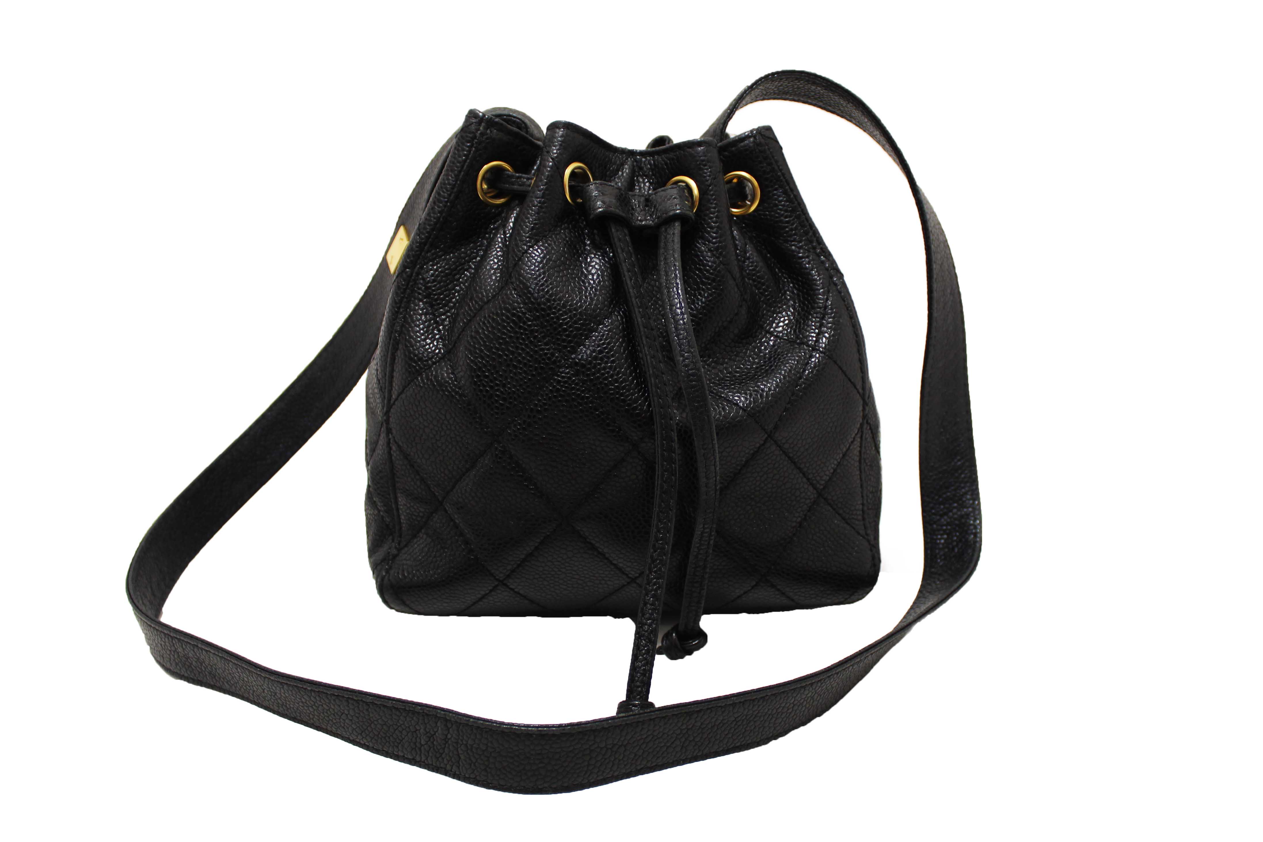 Authentic Chanel Black Caviar Leather Mini Drawstring Bucket Crossbody Bag