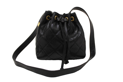 Authentic Chanel Black Caviar Leather Mini Drawstring Bucket Crossbody Bag