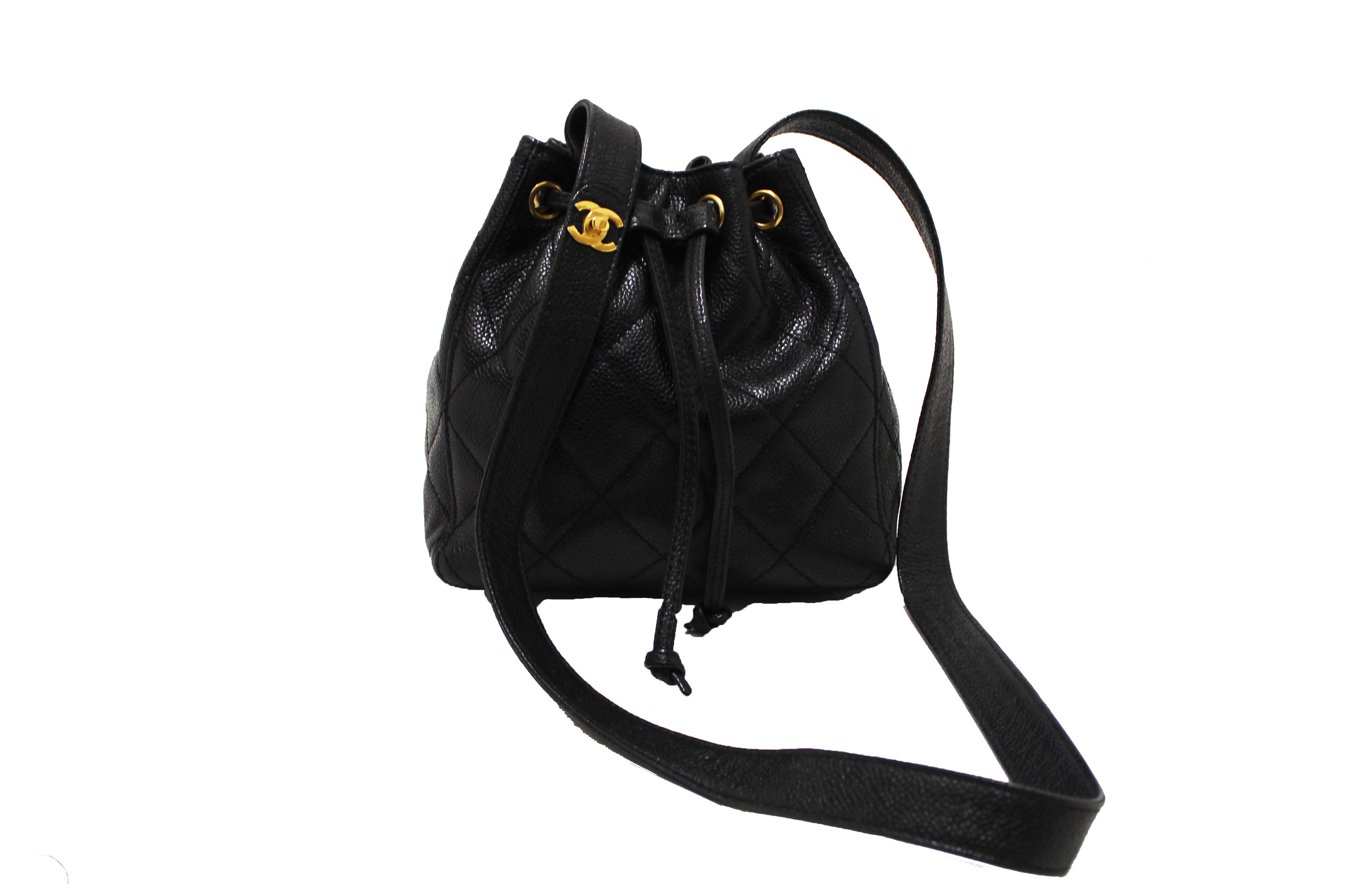Authentic Chanel Black Caviar Leather Mini Drawstring Bucket Crossbody Bag
