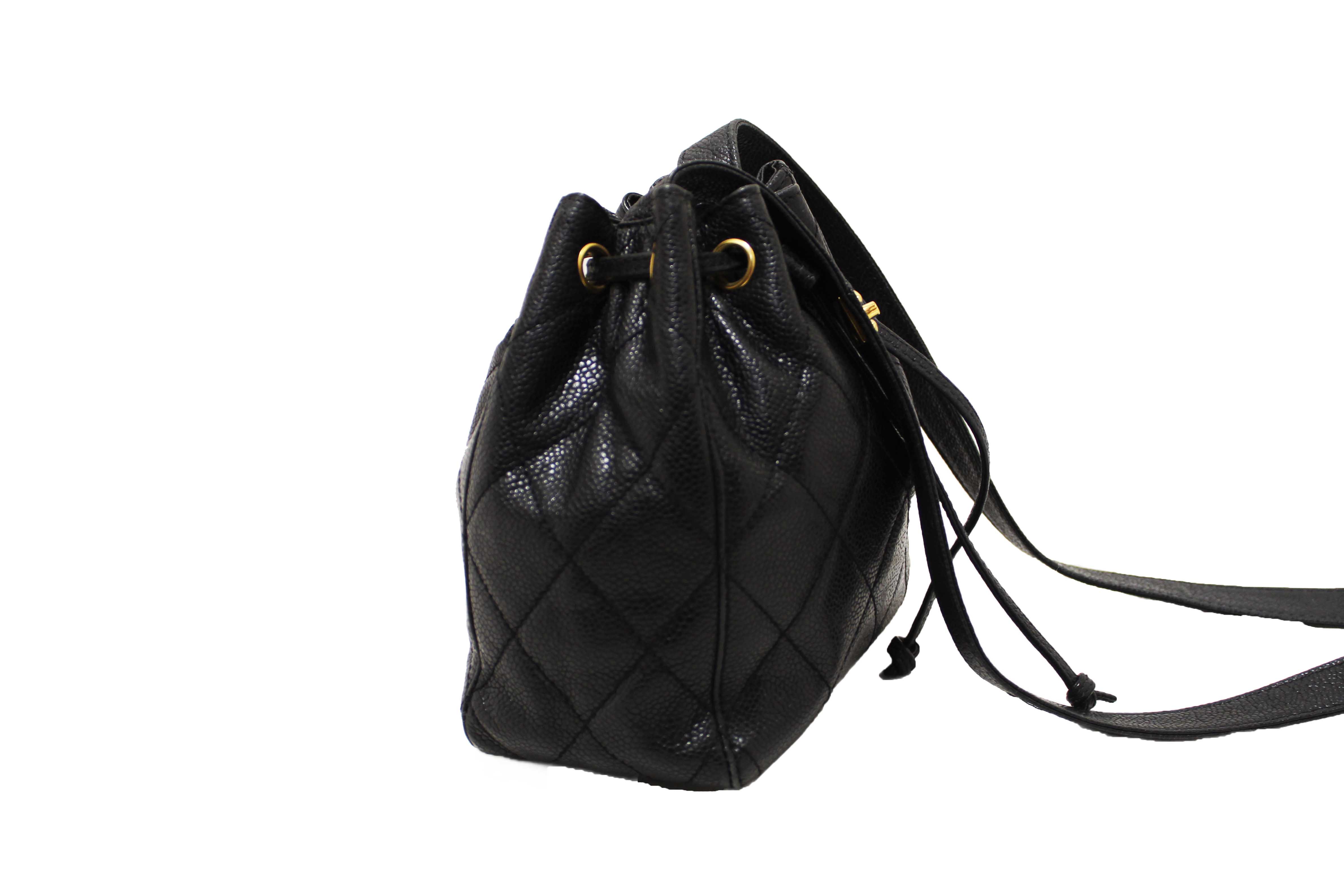Authentic Chanel Black Caviar Leather Mini Drawstring Bucket Crossbody Bag