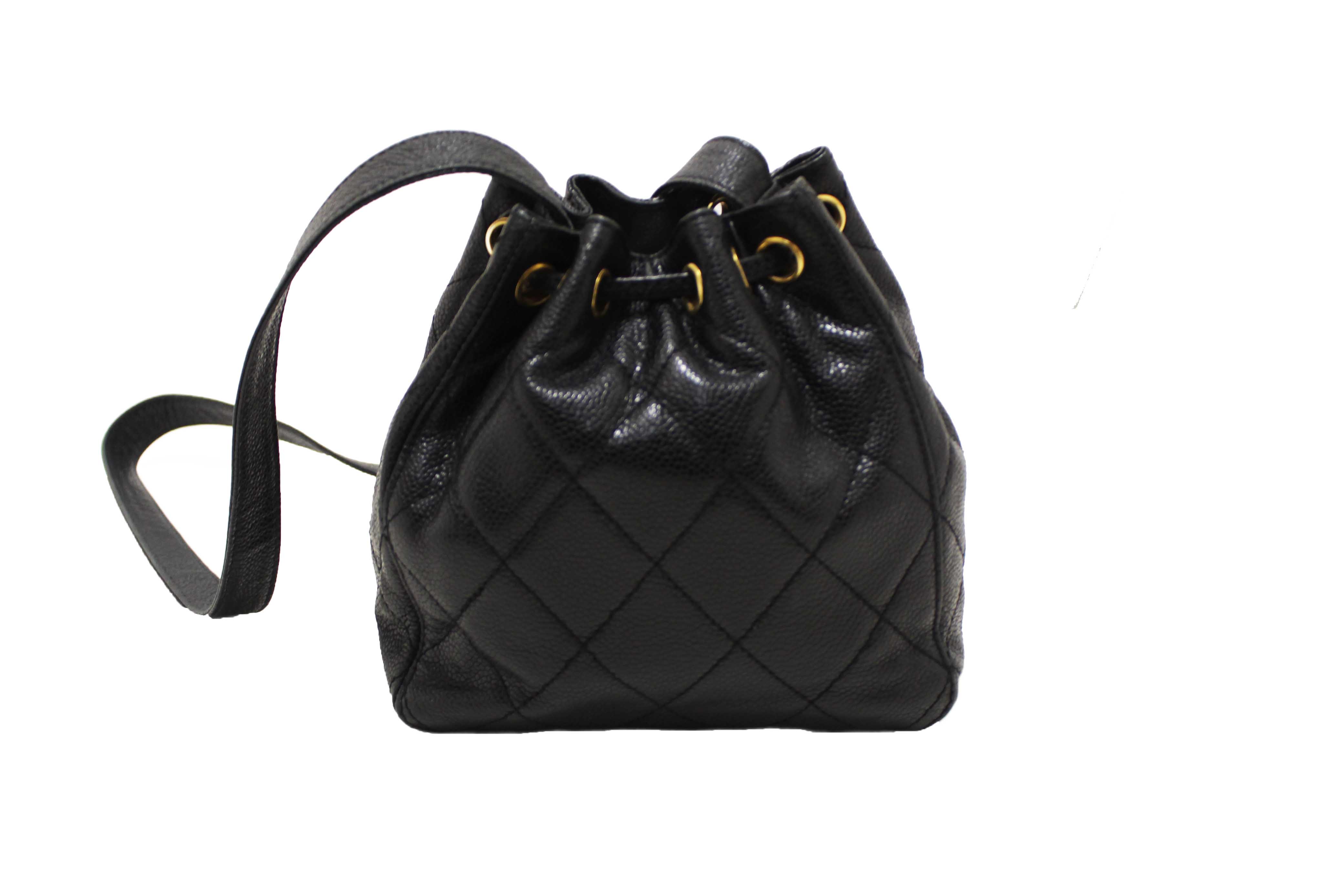 Authentic Chanel Black Caviar Leather Mini Drawstring Bucket Crossbody Bag