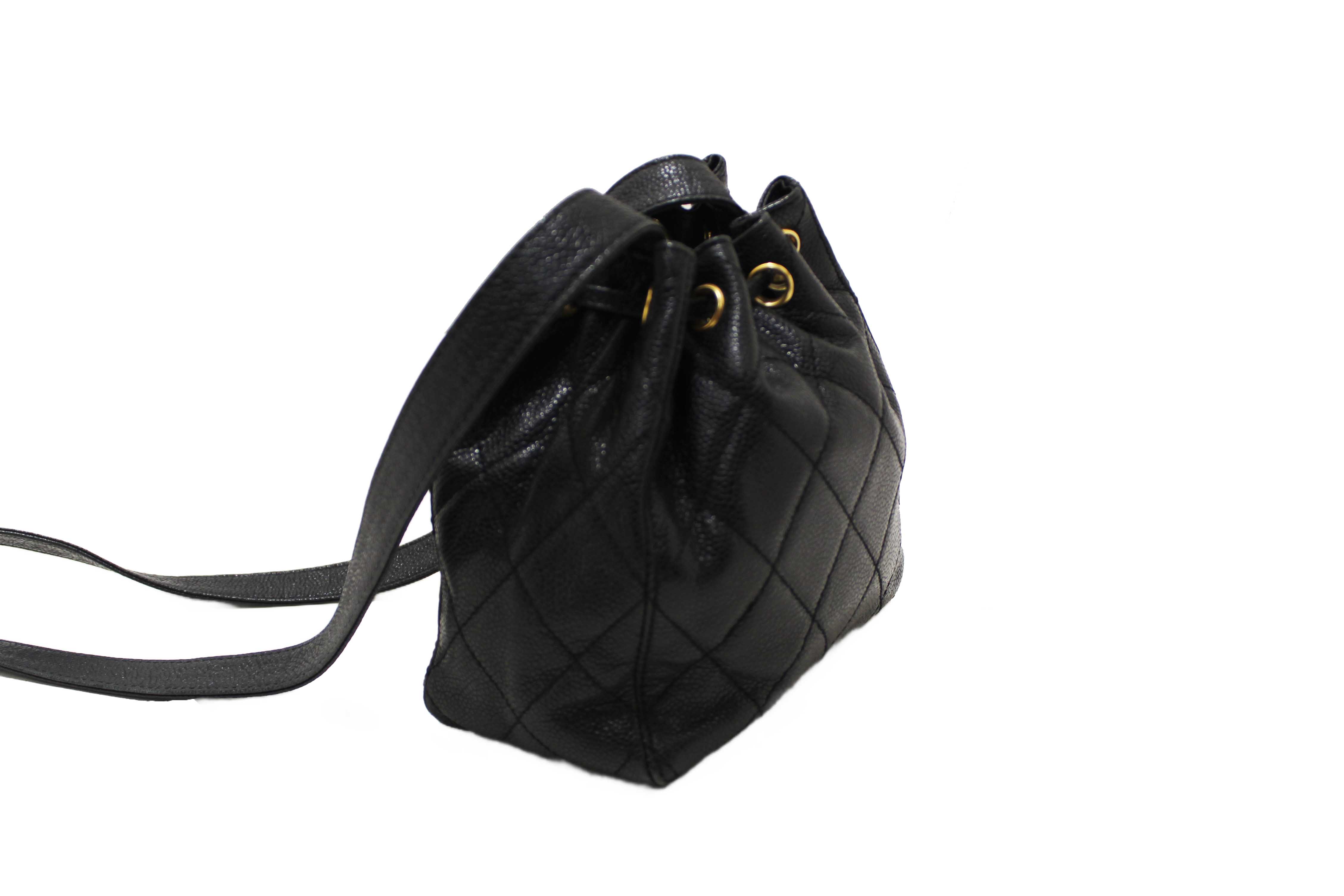 Authentic Chanel Black Caviar Leather Mini Drawstring Bucket Crossbody Bag